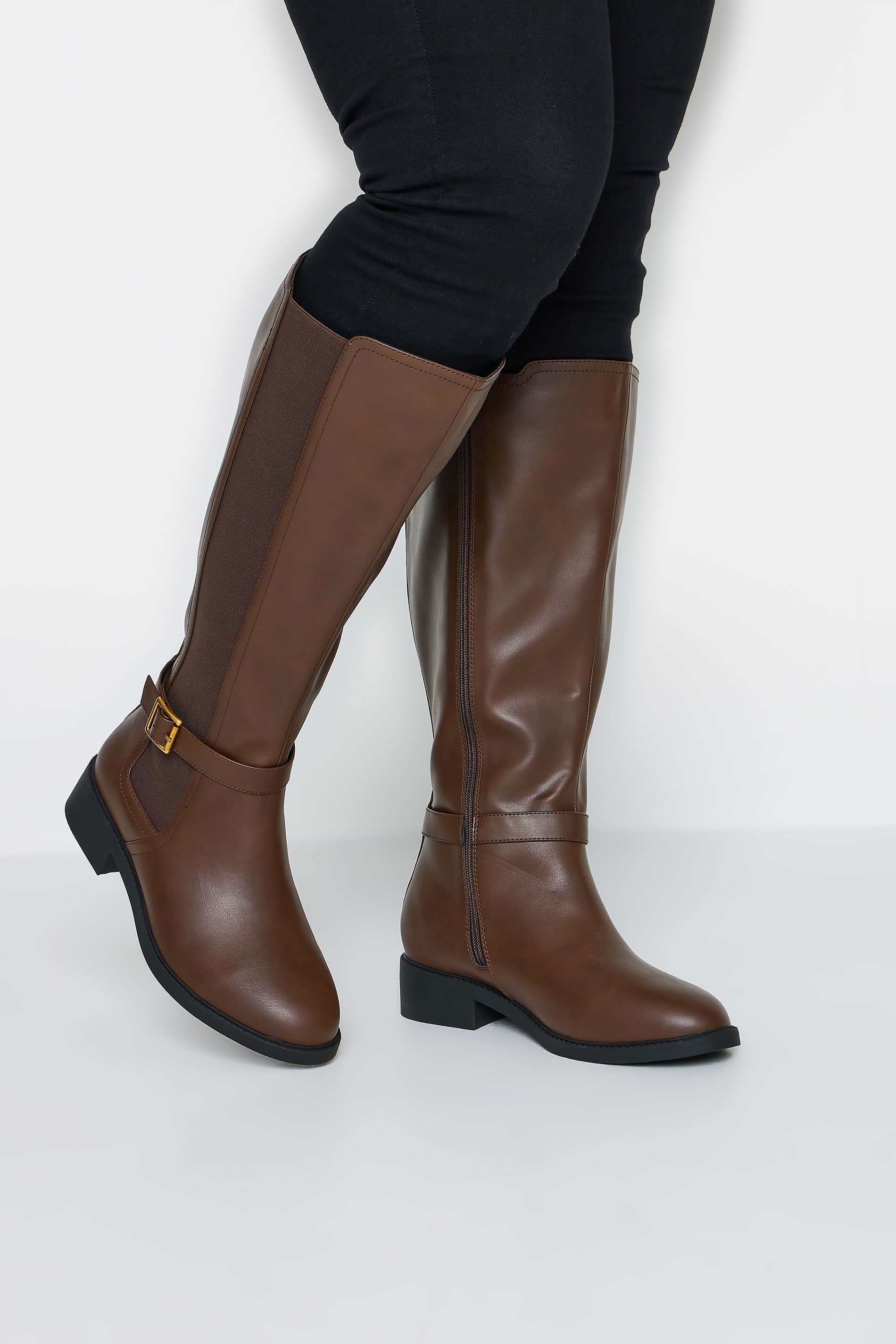 LIMITED COLLECTION Brown Strap Knee High Boot In Extra Wide EEE Fit | Yours Clothing 1