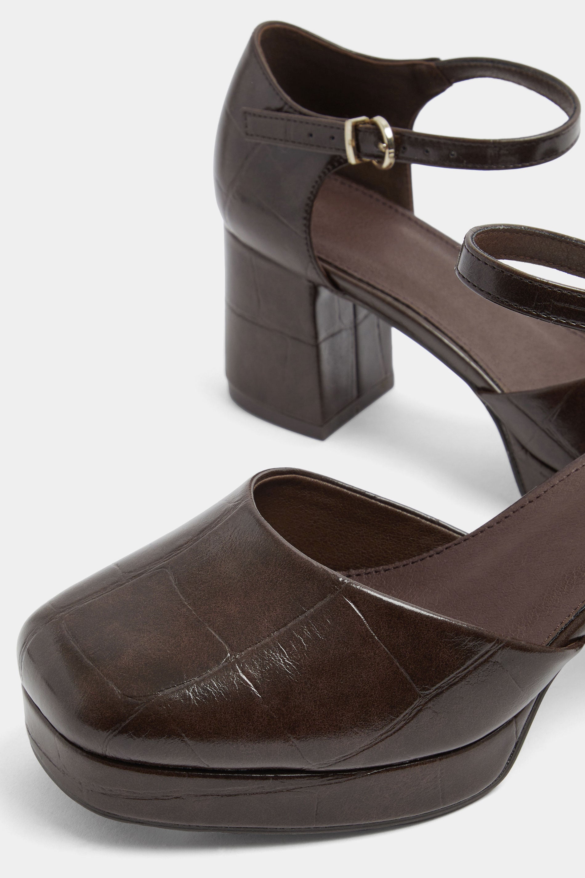 Brown Croc Faux Leather Platform Block Heels In Extra Wide EEE Fit | Yours Clothing 4