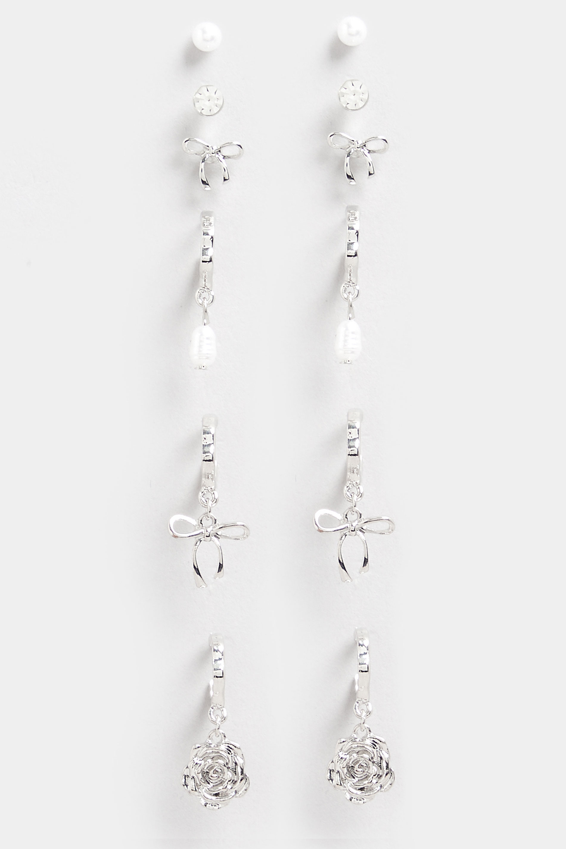 6 PACK Silver Tone Bow & Pearl Earrings | Yours Clothing 3