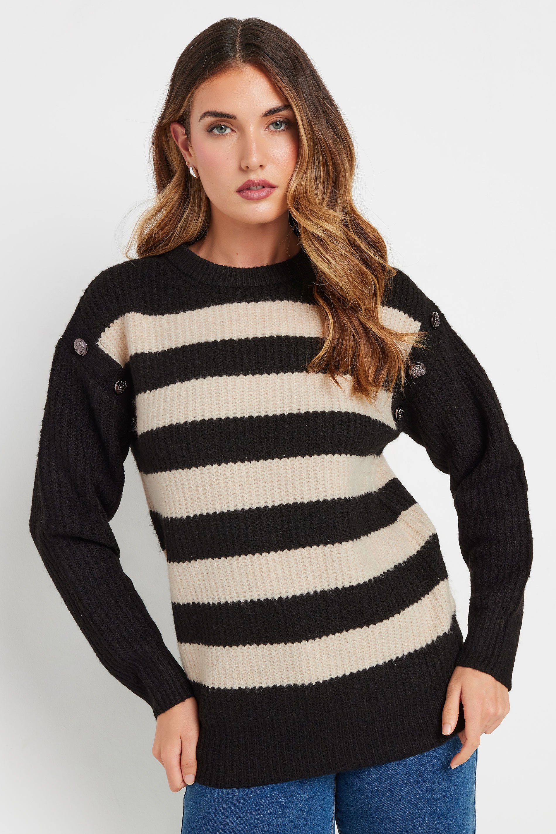 LTS Tall Black Knitted Striped Button Jumper | Long Tall Sally 2
