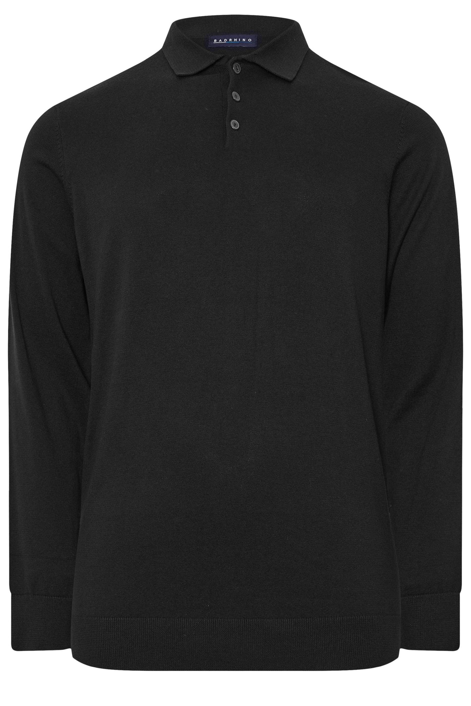 BadRhino Big & Tall Black Long Sleeve Knitted Polo Shirt | BadRhino 3
