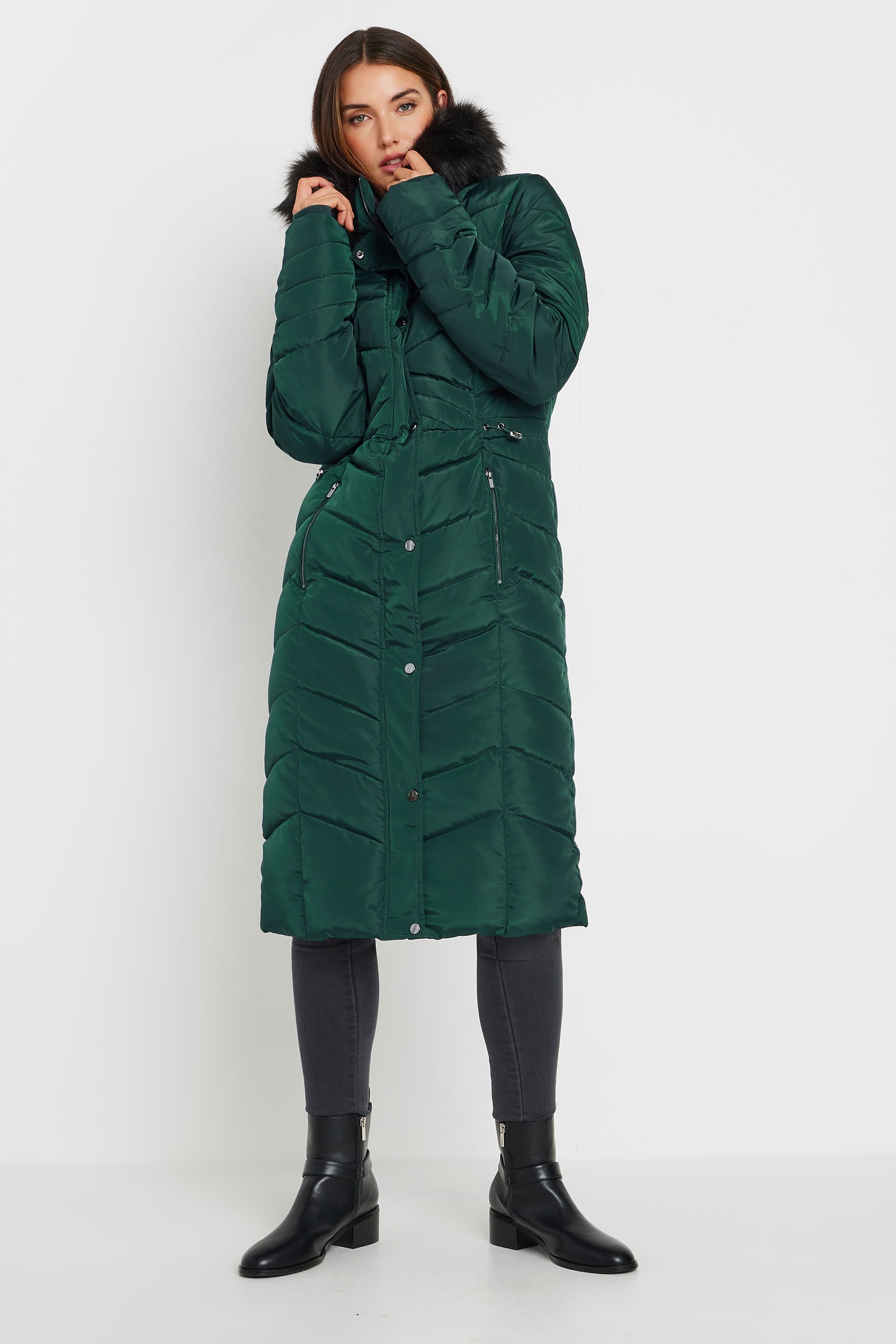 LTS Tall Women's Green Faux Fur Trim Padded Longline Coat