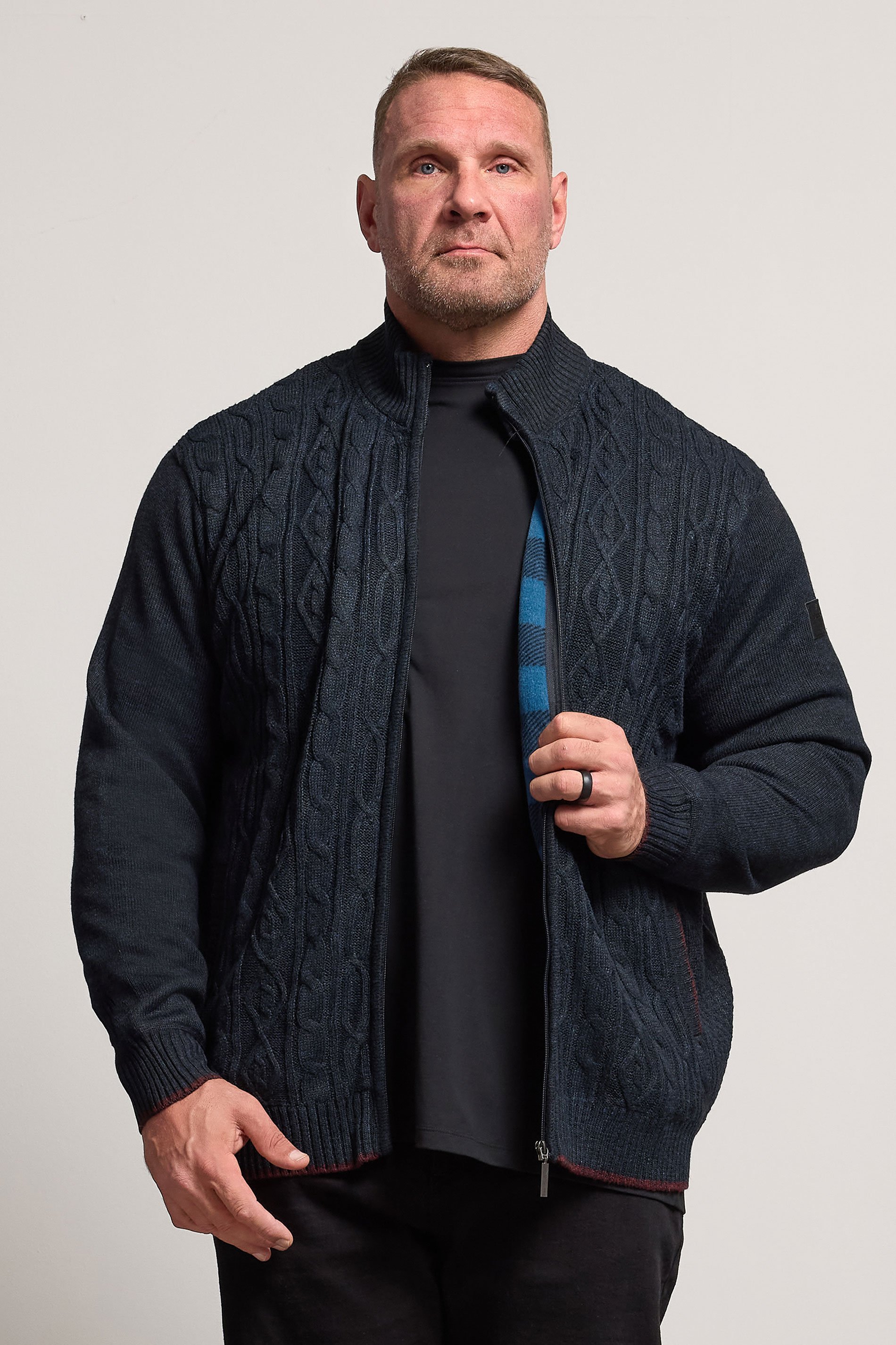 D555 Big & Tall Navy Blue Marl Zip Through Cable Knit Jumper | BadRhino 4