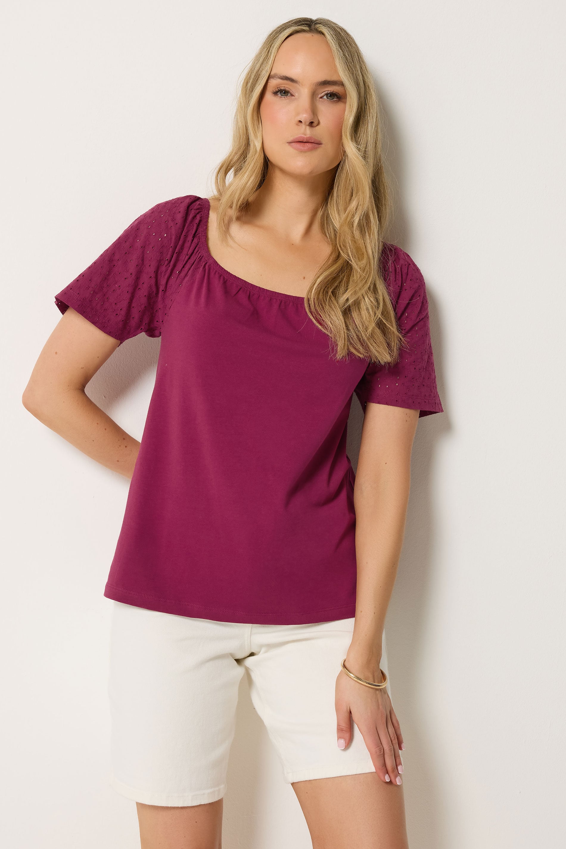 LTS Tall Women's Berry Red Embroidered Sleeve Cotton Top | Long Tall Sally 3