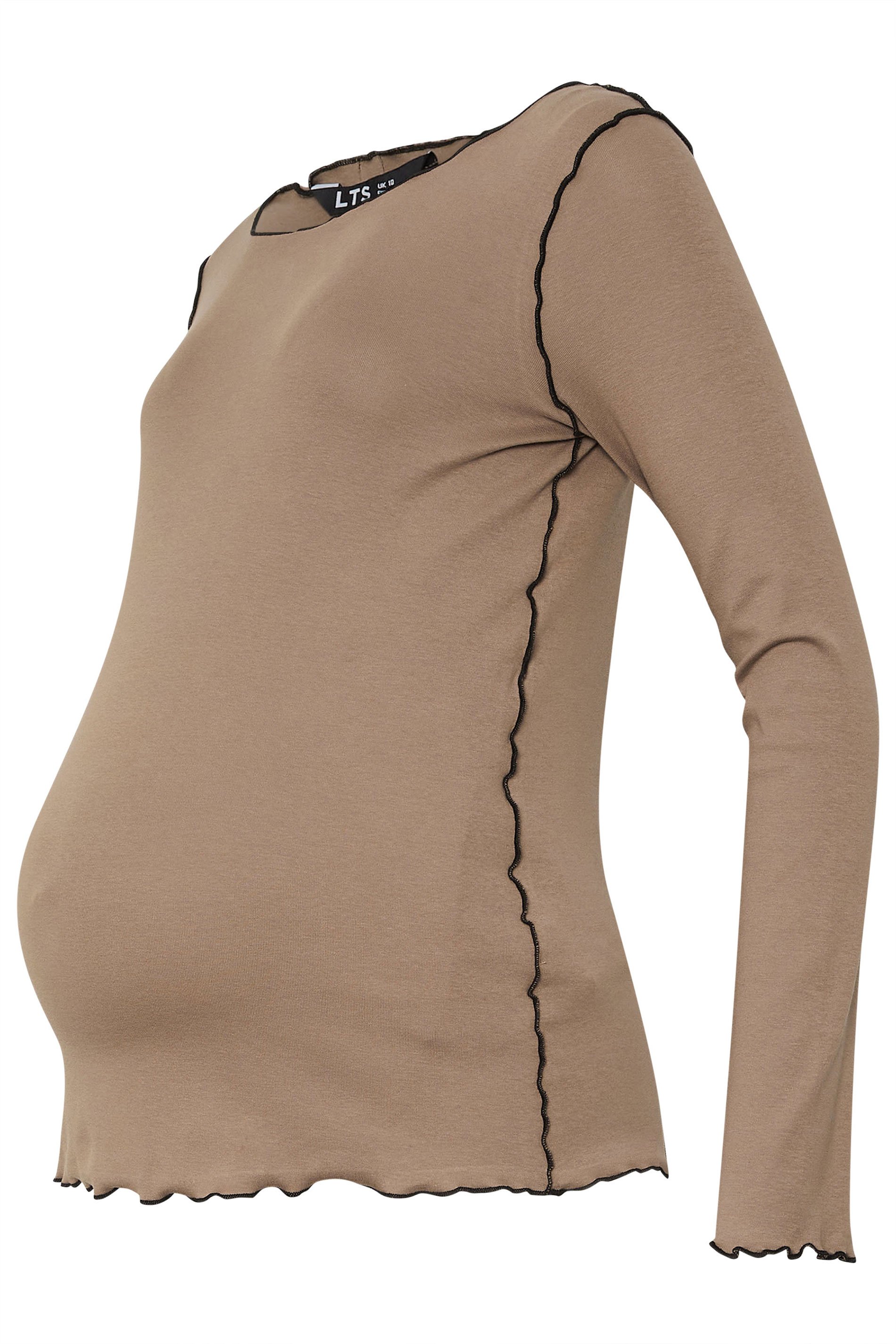 LTS Tall Maternity Natural Brown Contrast Stitch Ribbed Top | Long Tall Sally 6