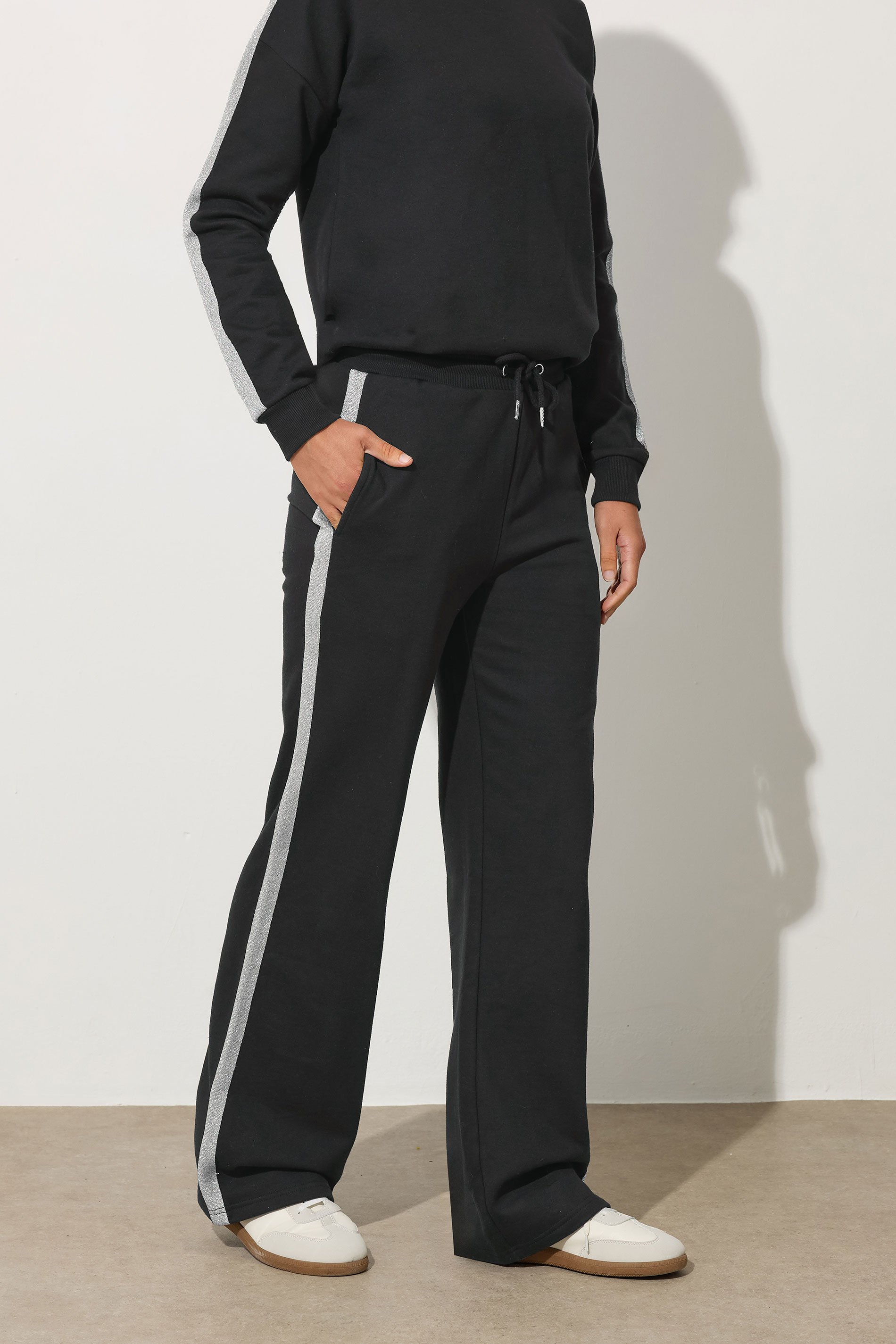 LTS Tall Black Metallic Stripe Wide Leg Joggers | Long Tall Sally 2
