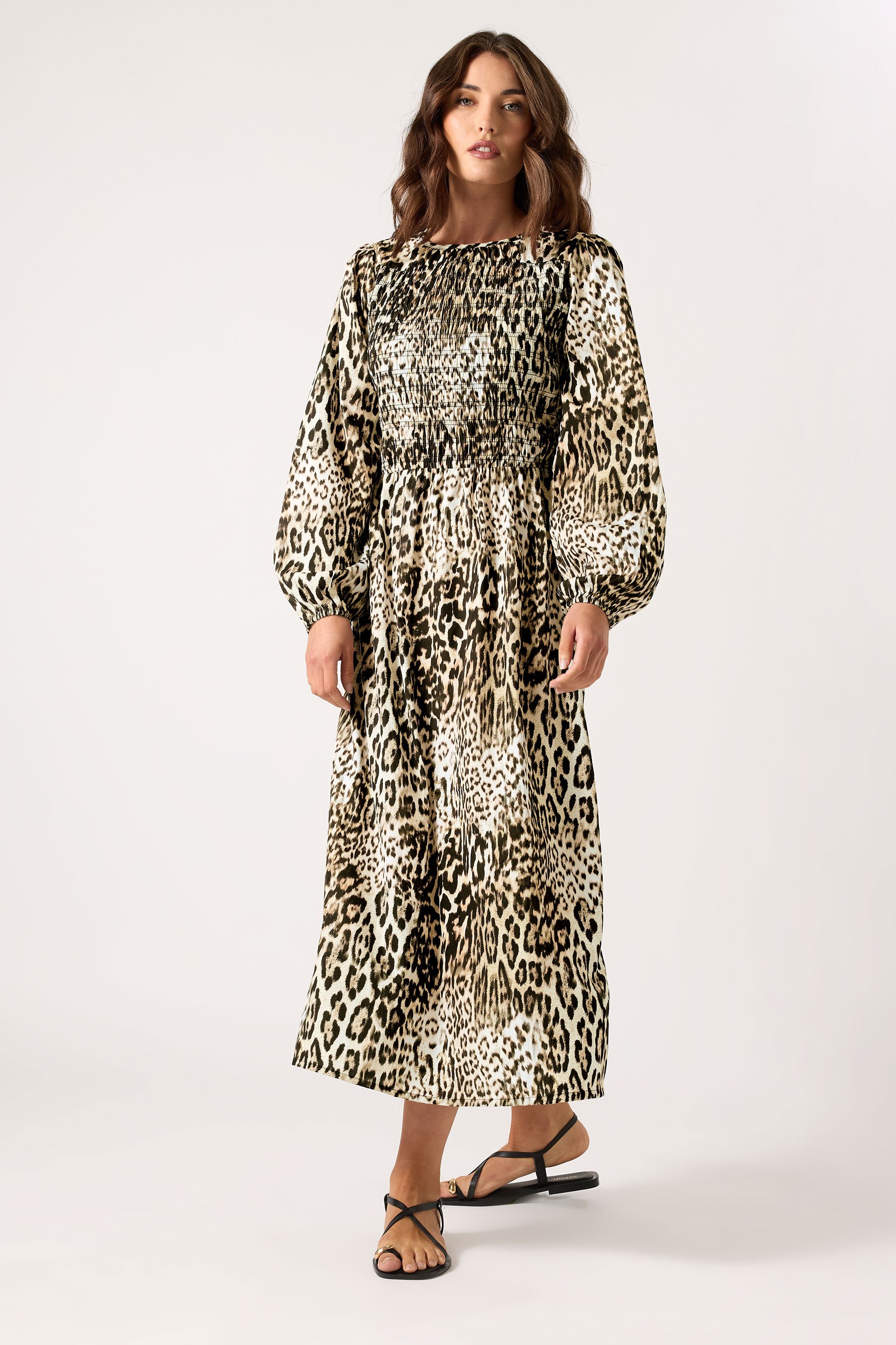 LTS Tall Natural Brown Animal Print Shirred Midaxi Dress | Long Tall Sally 1