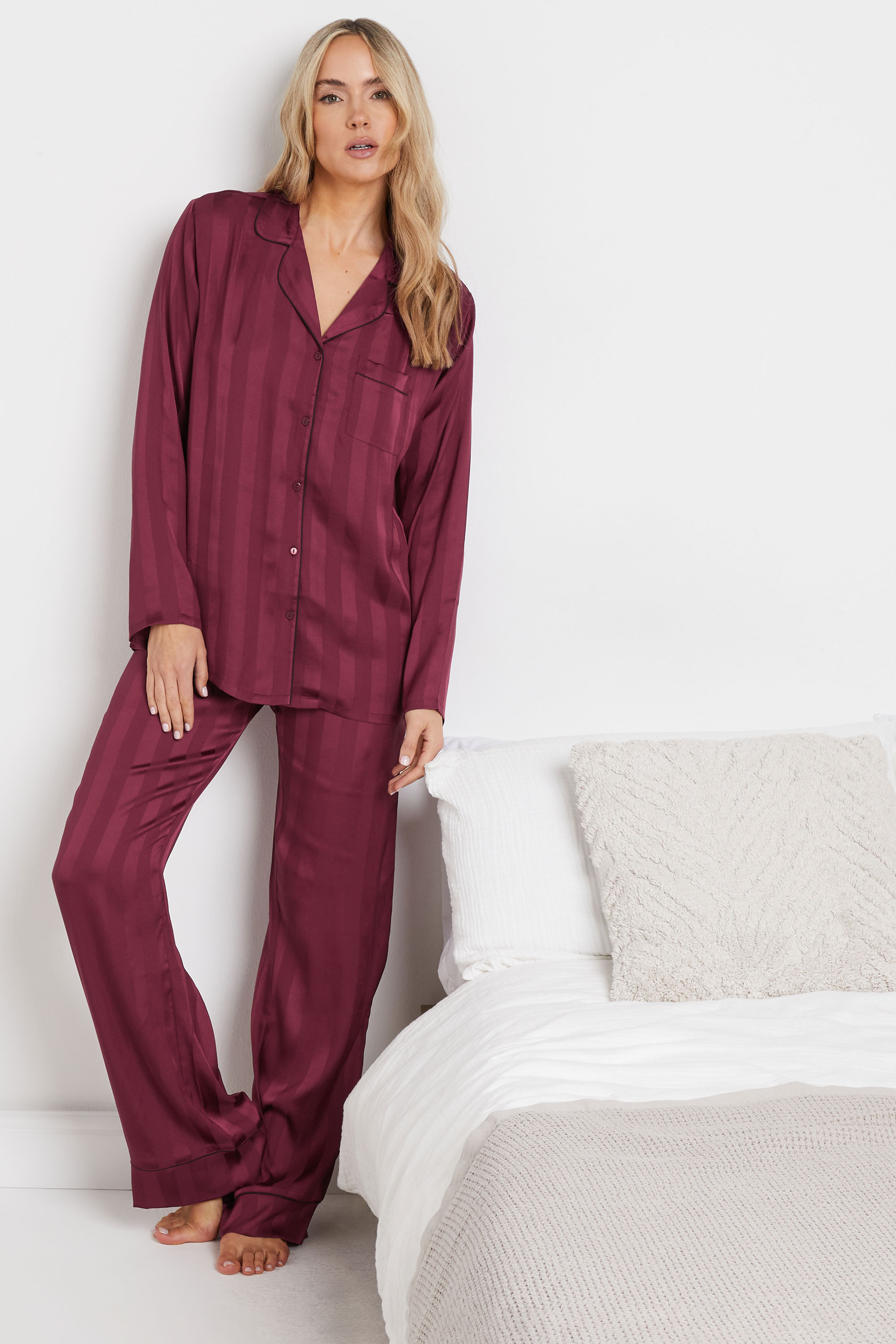LTS Tall Burgundy Red Satin Jacquard Stripe Pyjama Set | Long Tall Sally 2