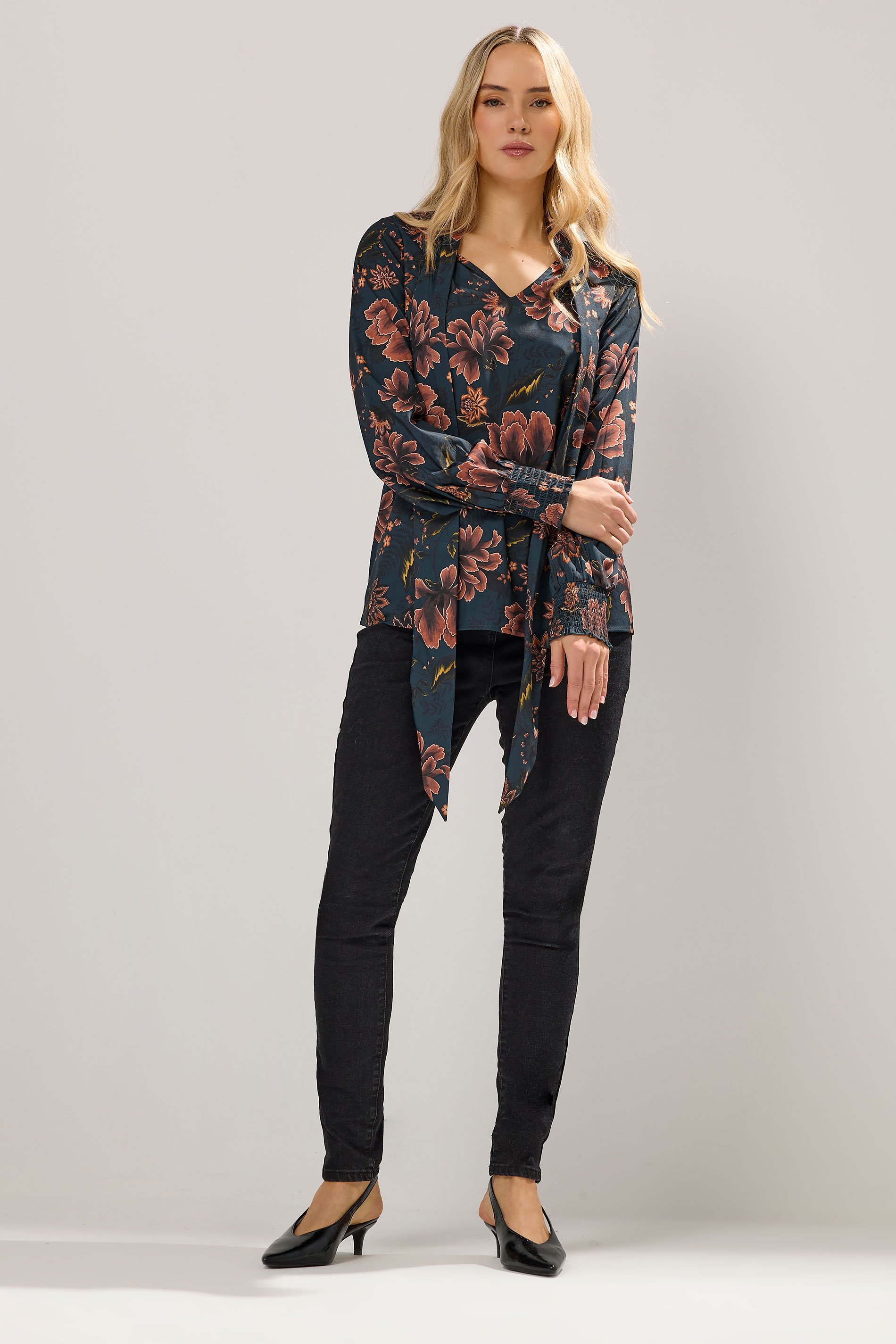 LTS Tall Navy Blue Floral Tie Neck Blouse | Long Tall Sally  2