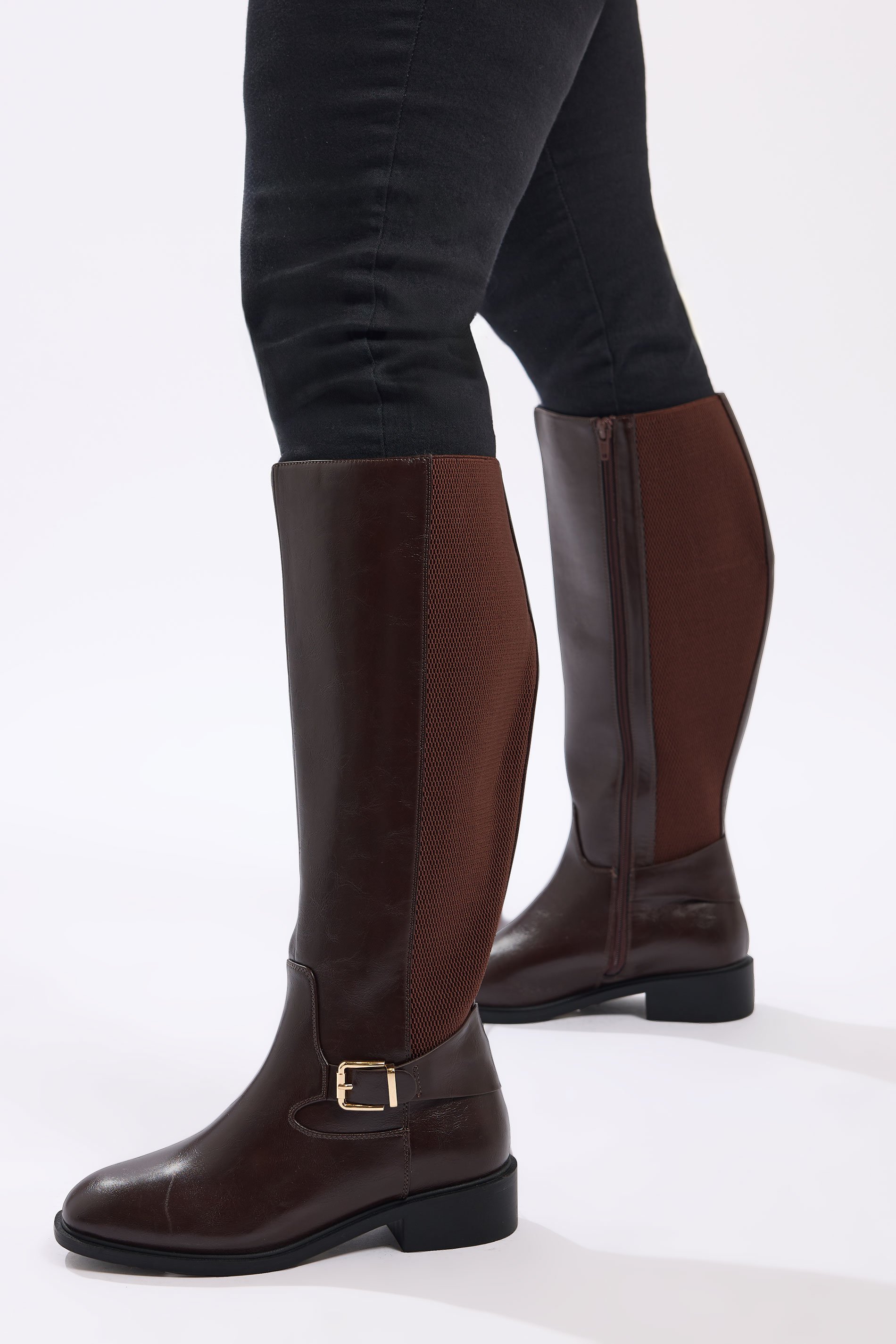 Brown Buckle Detail Knee High Boots In Extra Wide EEE Fit | Yours Clothing 1