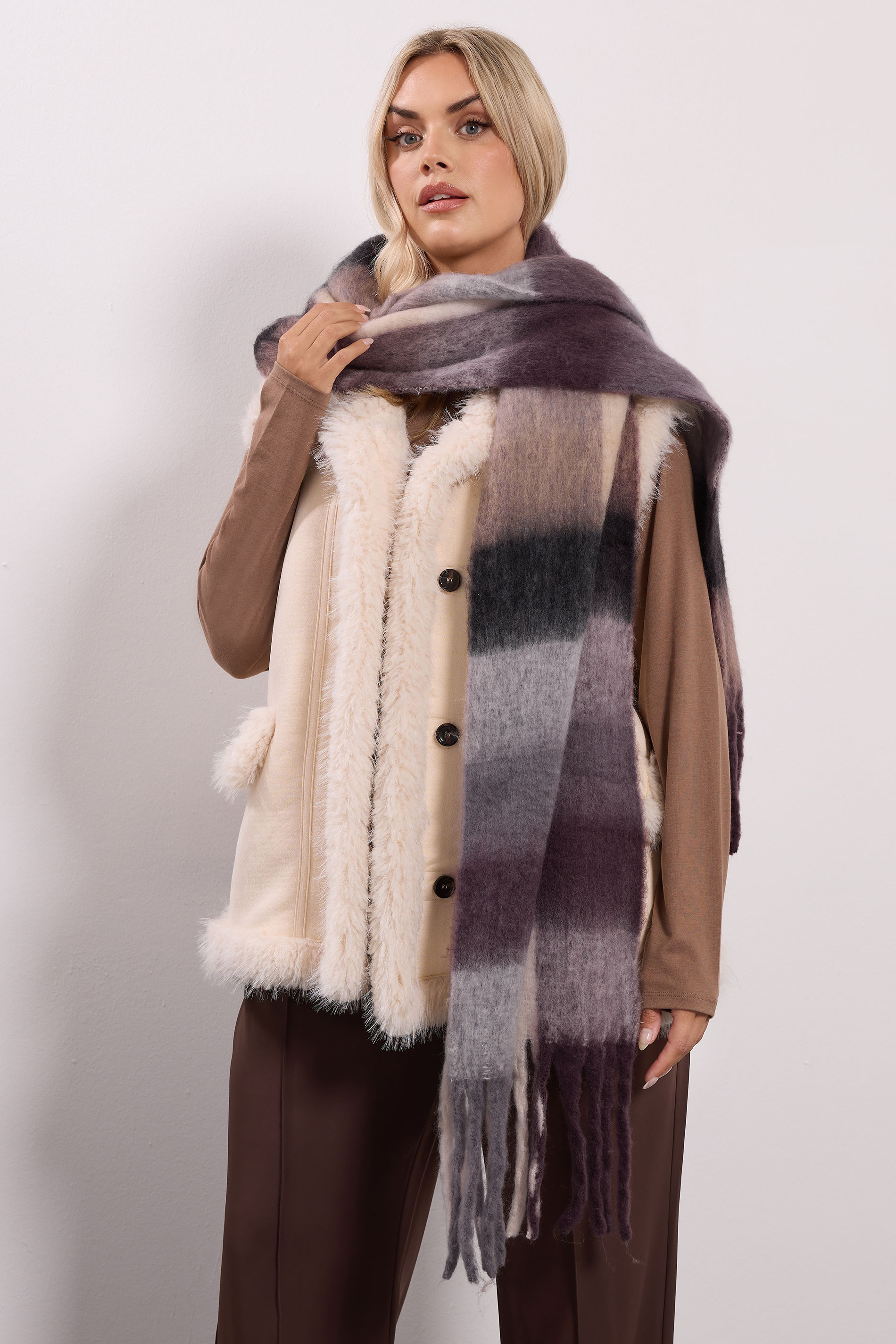 Chocolate Brown Checked Soft Touch Scarf | Yours Clothing 1