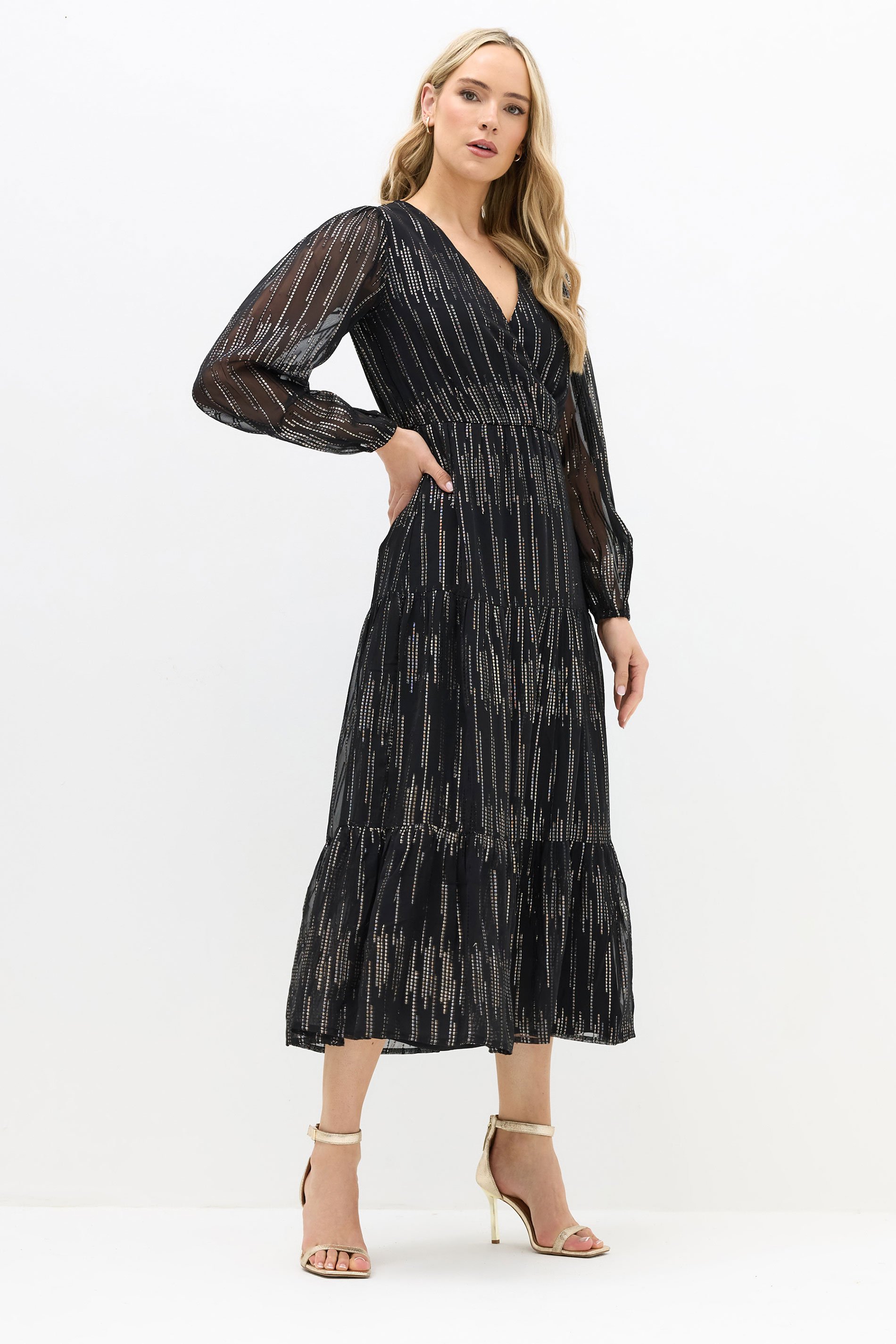 LTS Tall Black Metallic Dash Tiered Midaxi Dress | Long Tall Sally 1