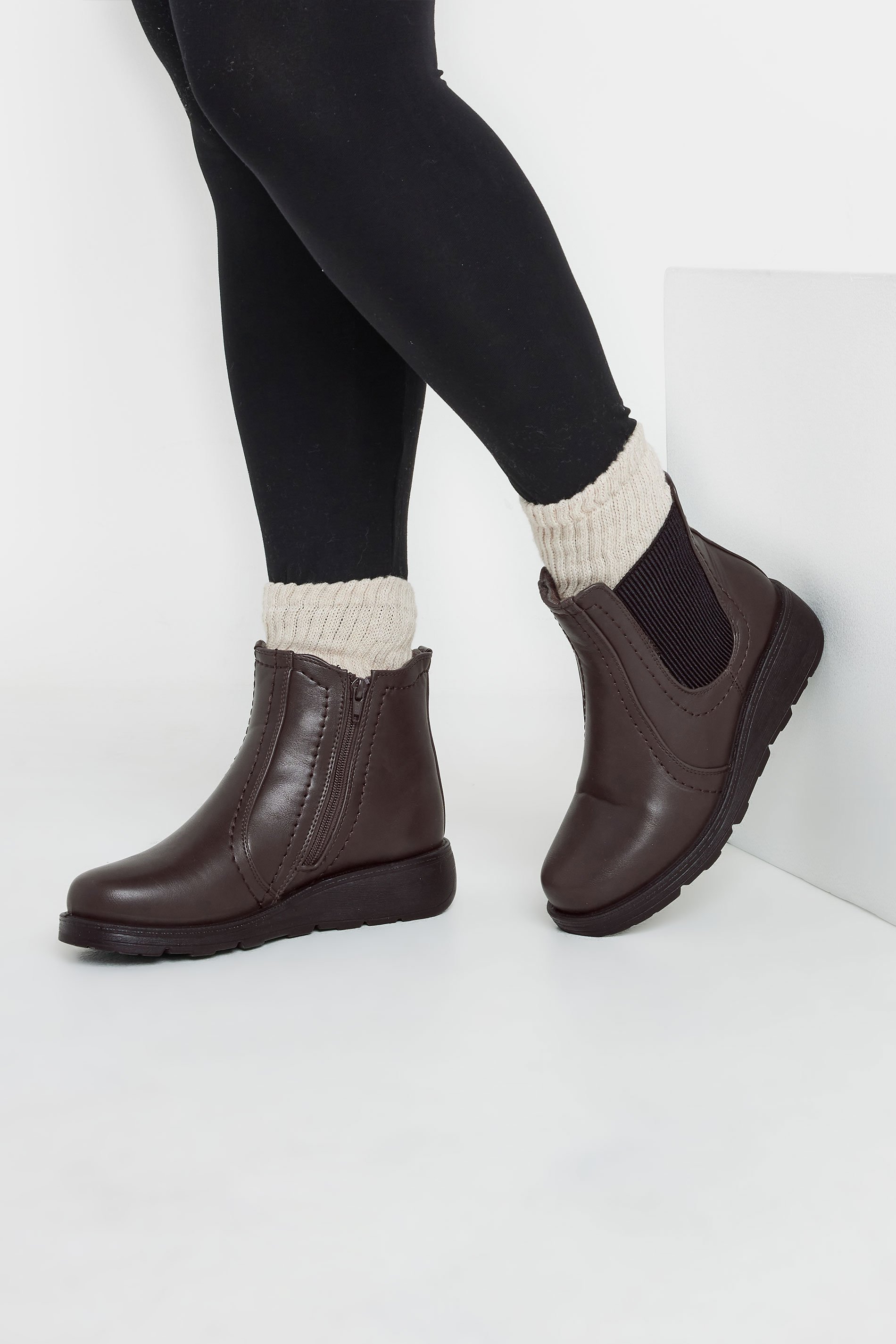 Brown Wedge Chelsea Boots In Wide E Fit & Extra Wide EEE Fit | Yours Clothing 2