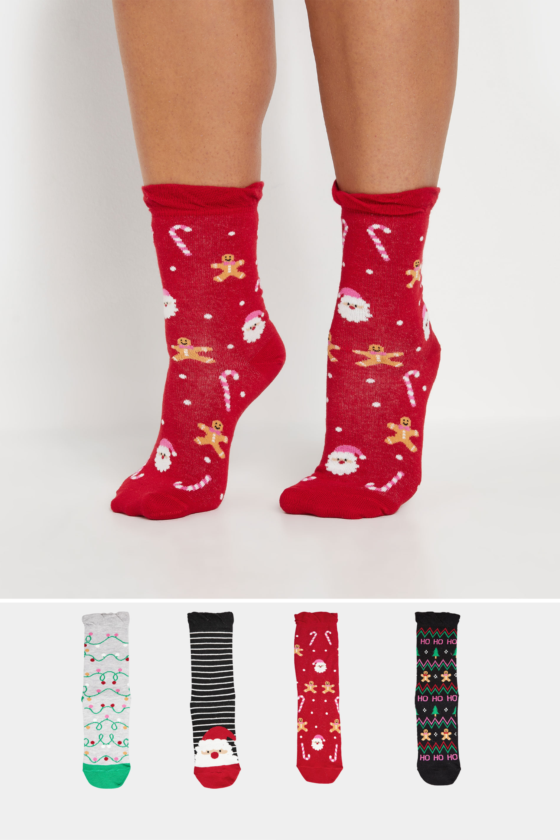 4 PACK Red & Black 'Ho Ho Ho' Slogan Christmas Ankle Socks | Yours Clothing  1