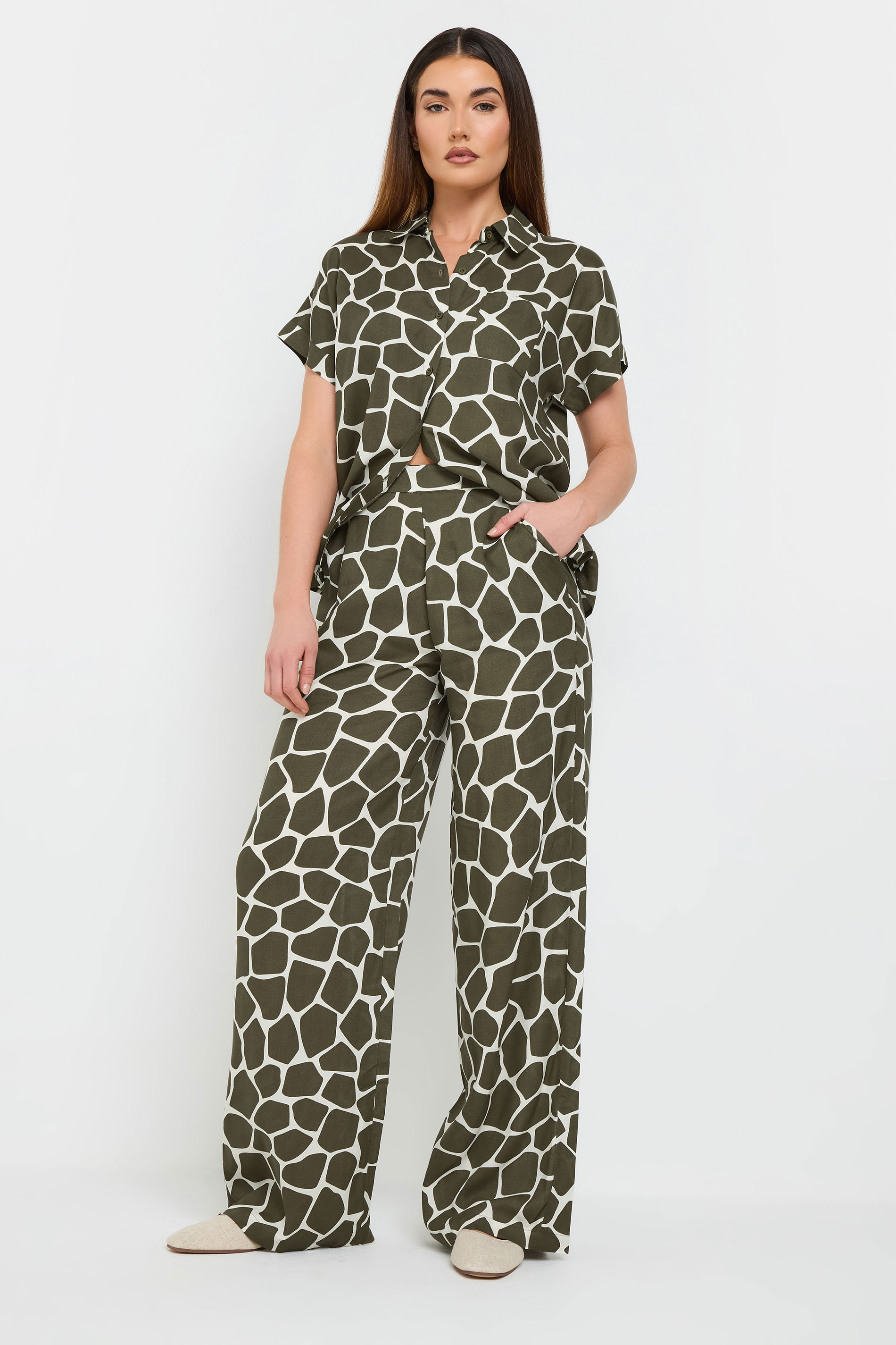 LTS Tall Khaki Green Giraffe Print Wide Leg Trousers | Long Tall Sally 4
