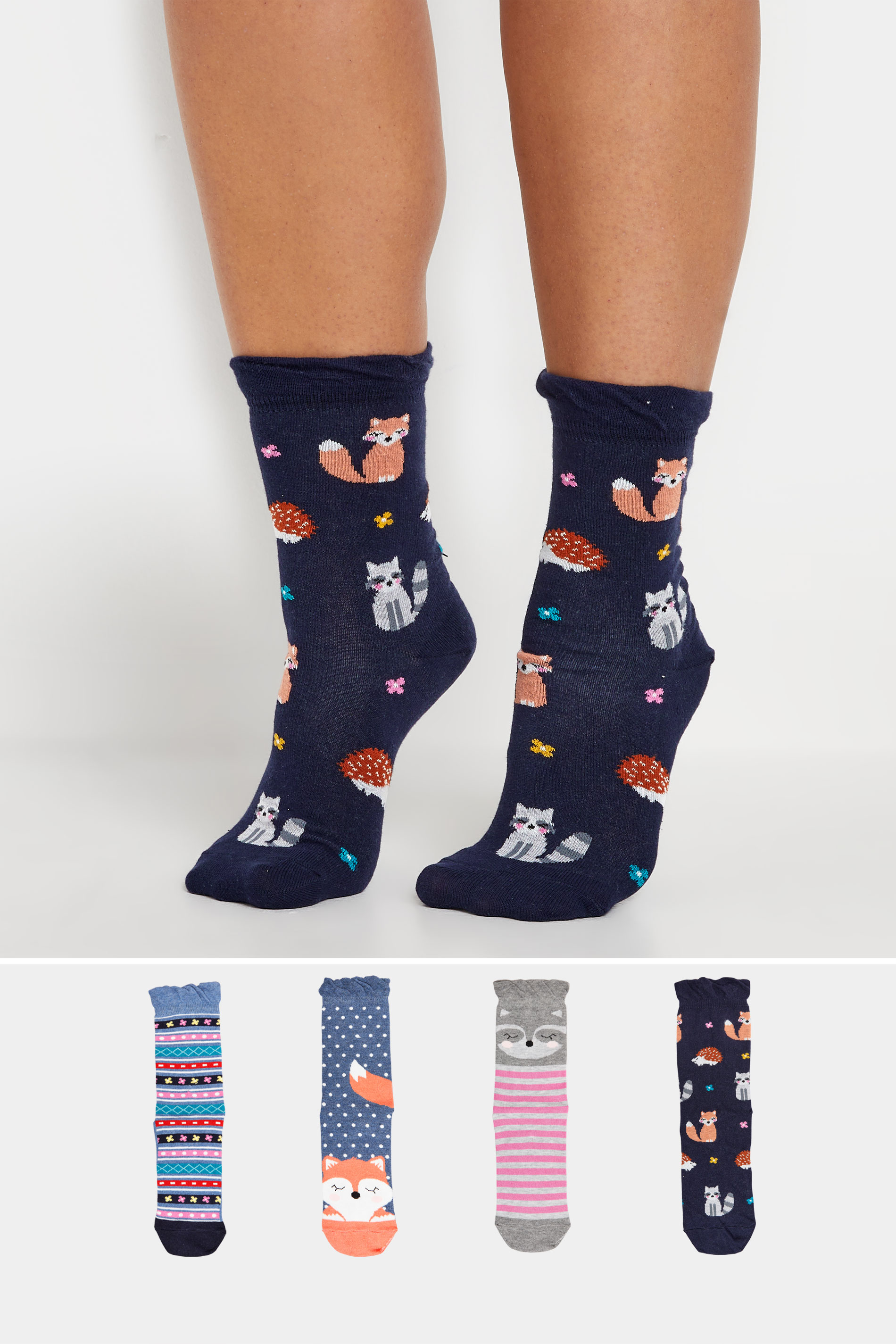 4 PACK Blue Fox & Hedgehog Print Ankle Socks | Yours Clothing 1
