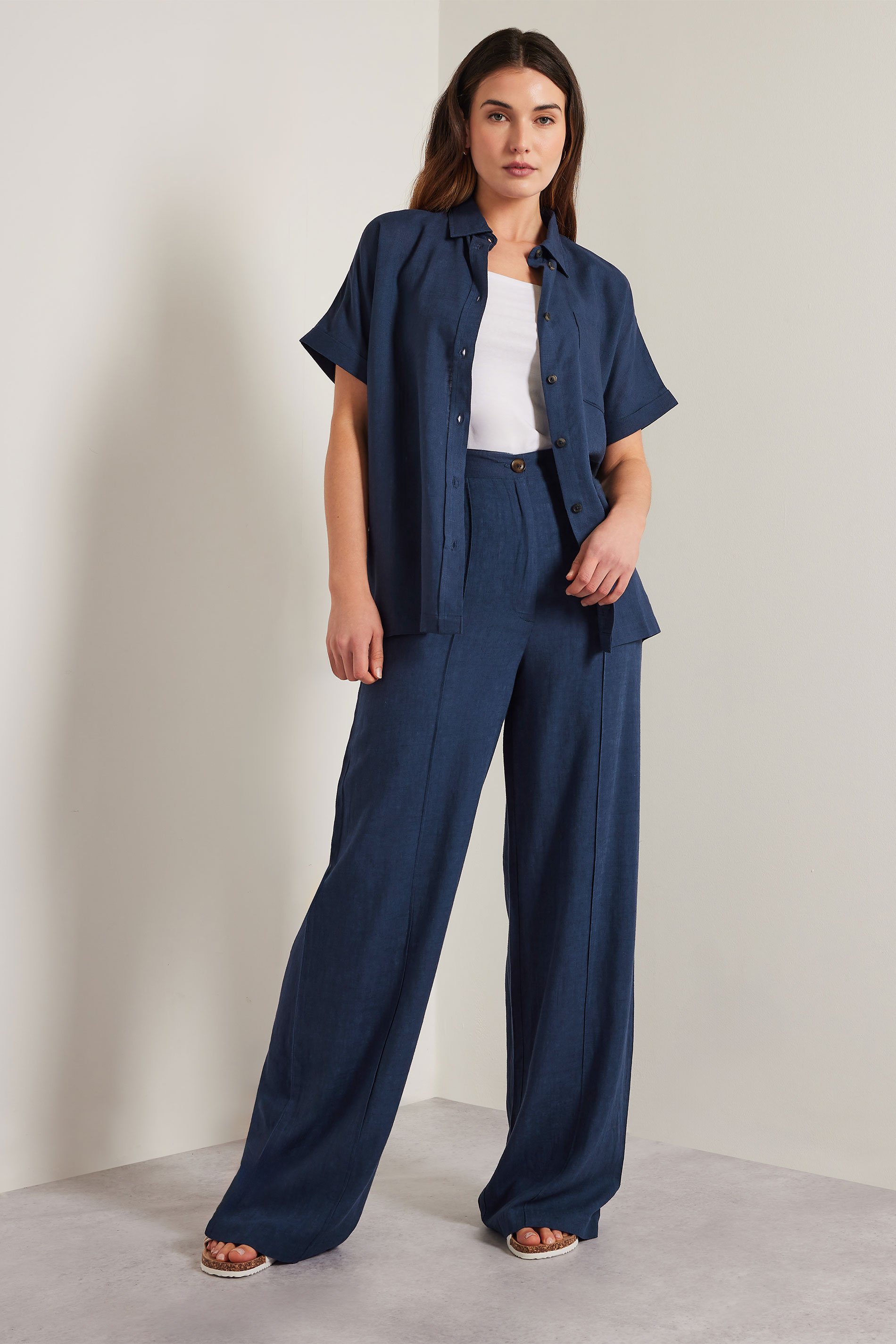 LTS Tall Navy Blue Linen Pleated Wide Leg Trousers | Long Tall Sally 3