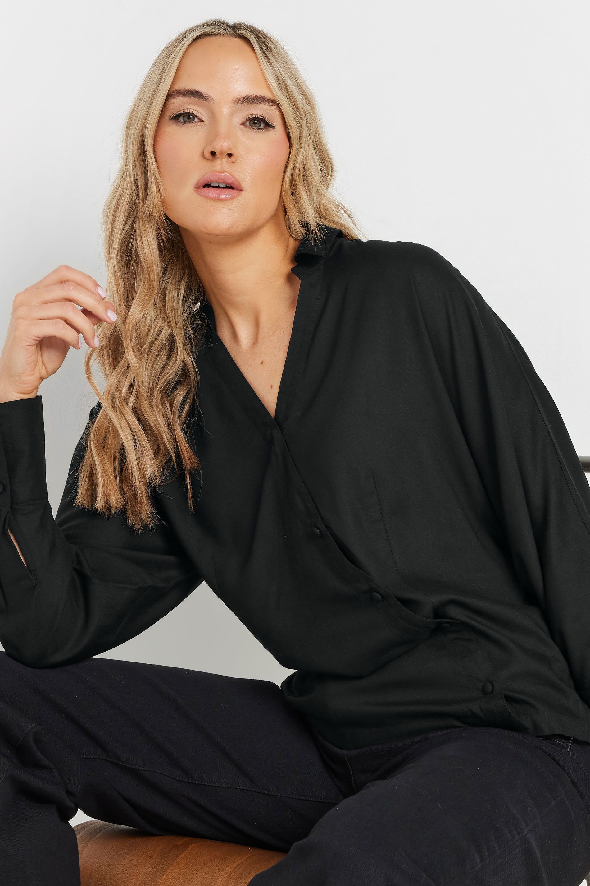 LTS Tall Black Asymmetric Button Shirt | Long Tall Sally 4