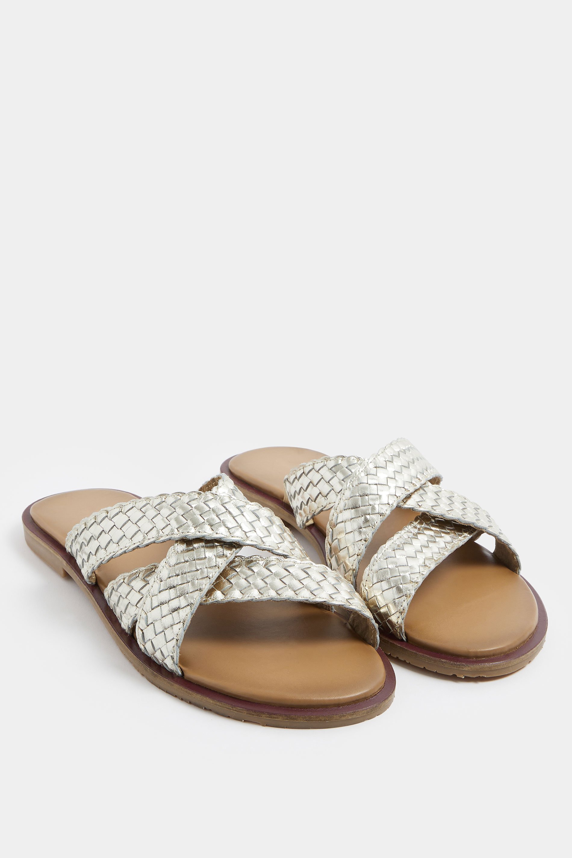 LTS Gold Faux Leather Woven Mule Sandals In Standard Fit | Long Tall Sally 1