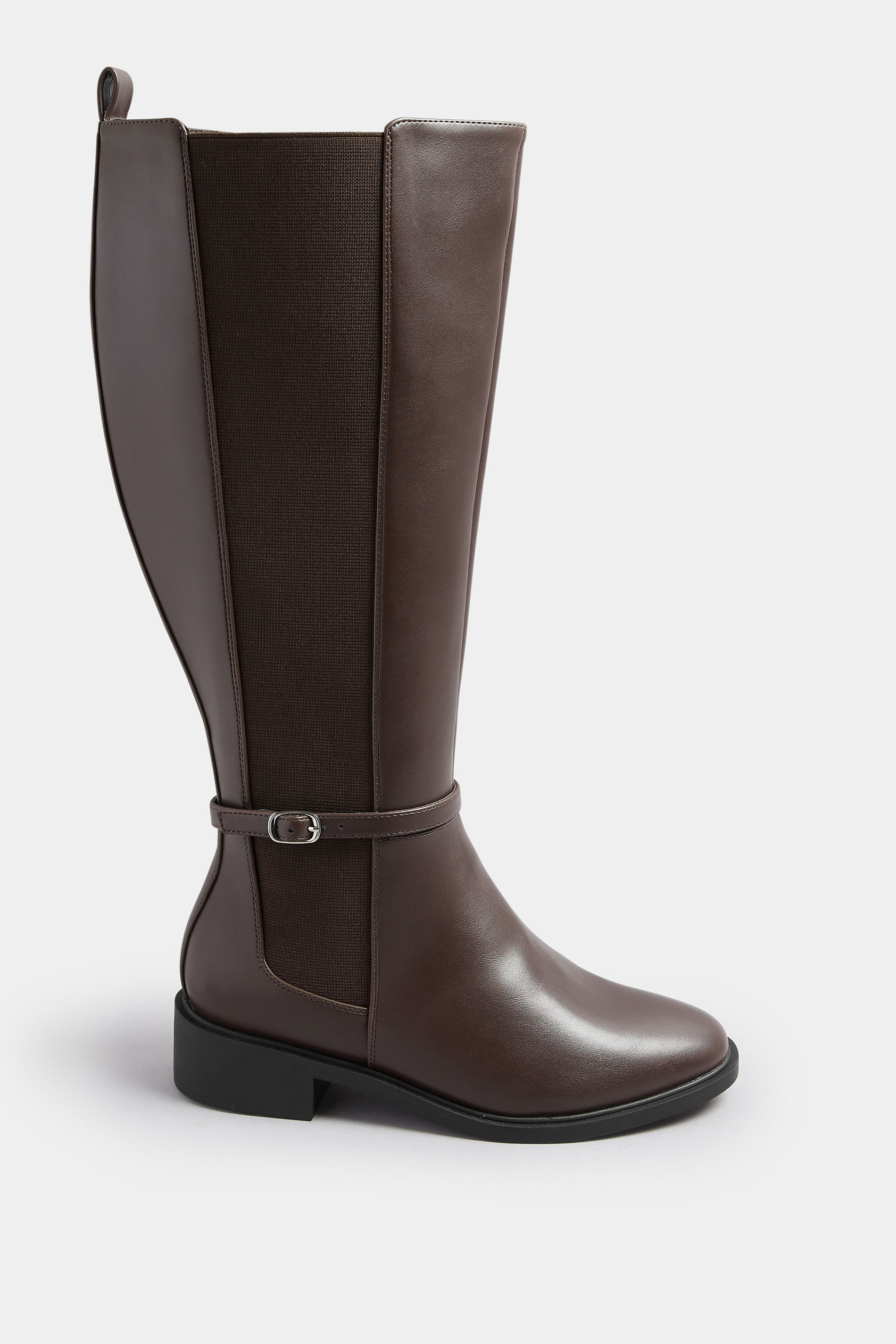 Brown Faux Leather Buckle Knee High Riding Boots In Extra Wide EEE Fit | Yours Clothing 3