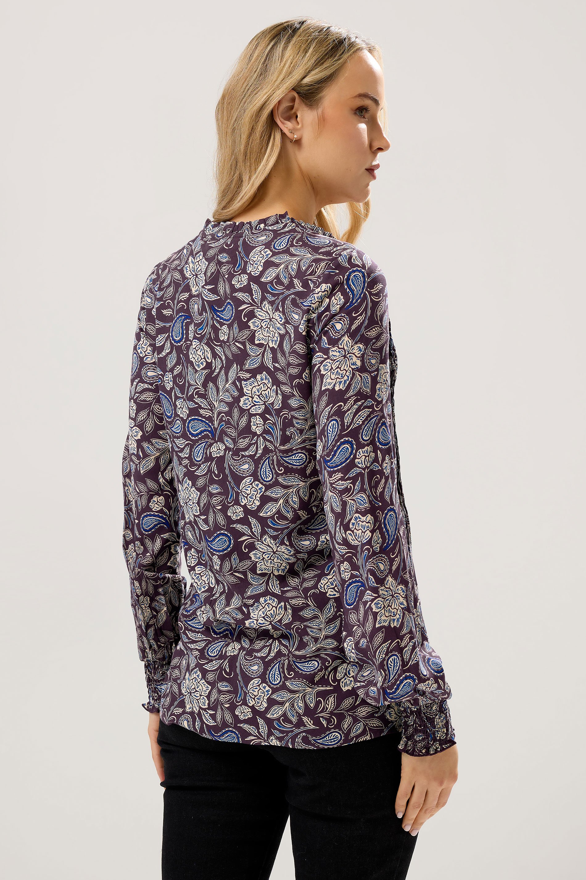 LTS Tall Purple Floral Tie Neck Pintuck Blouse | Long Tall Sally 3