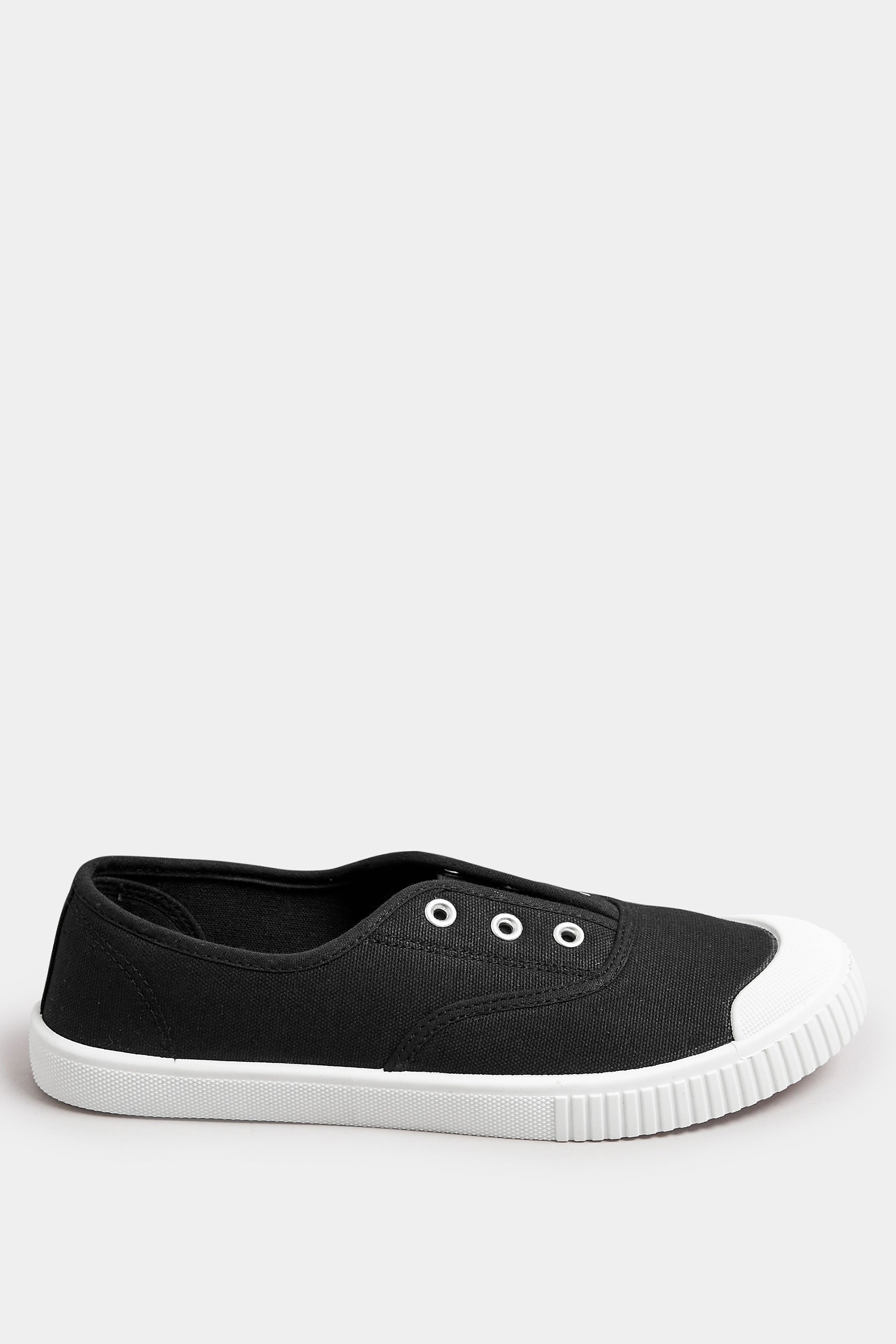Black Canvas Slip On Trainers In Wide E Fit | Yours Clothing 3