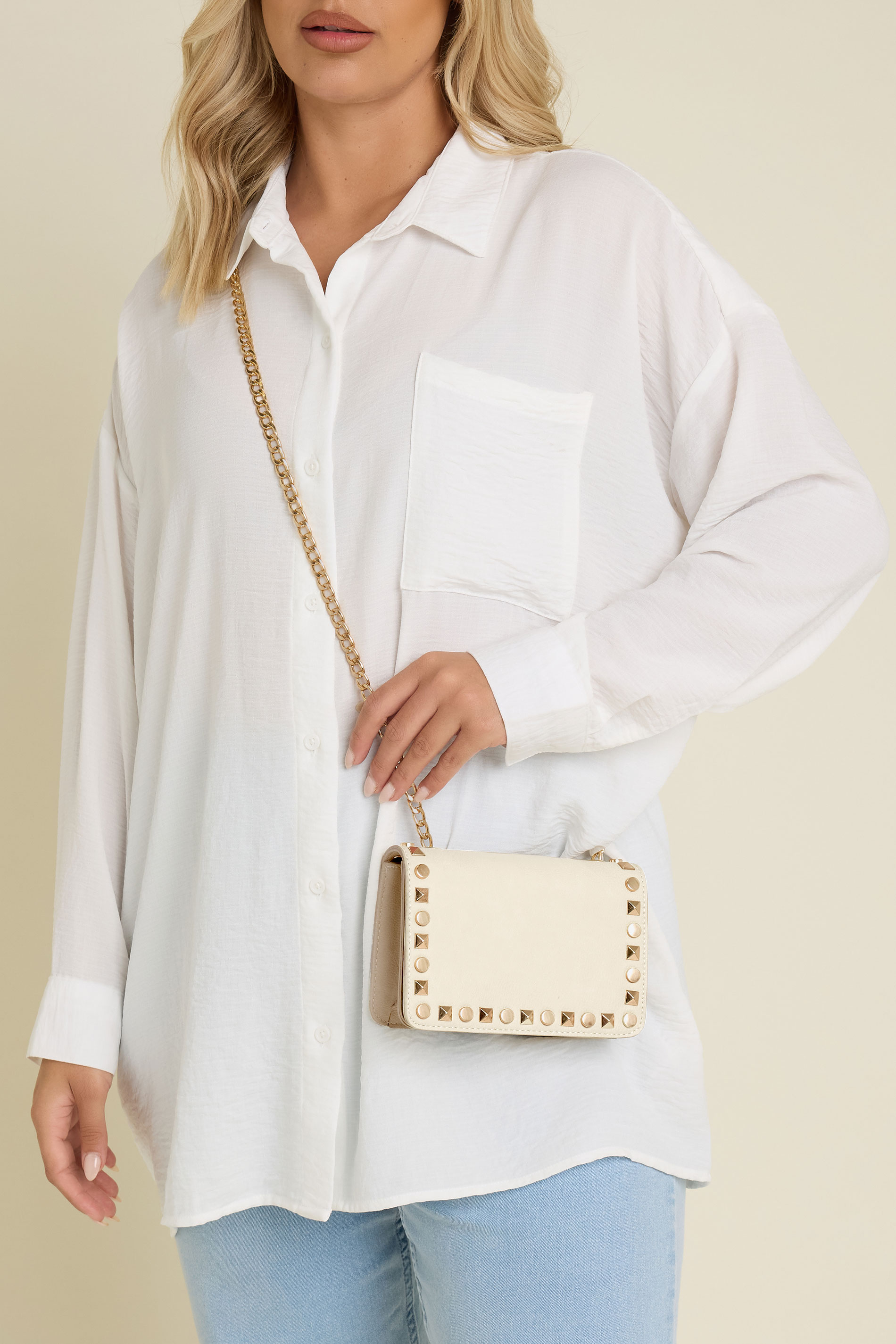 Beige Brown Faux Leather Stud Detail Cross Body Bag | Yours Clothing 2