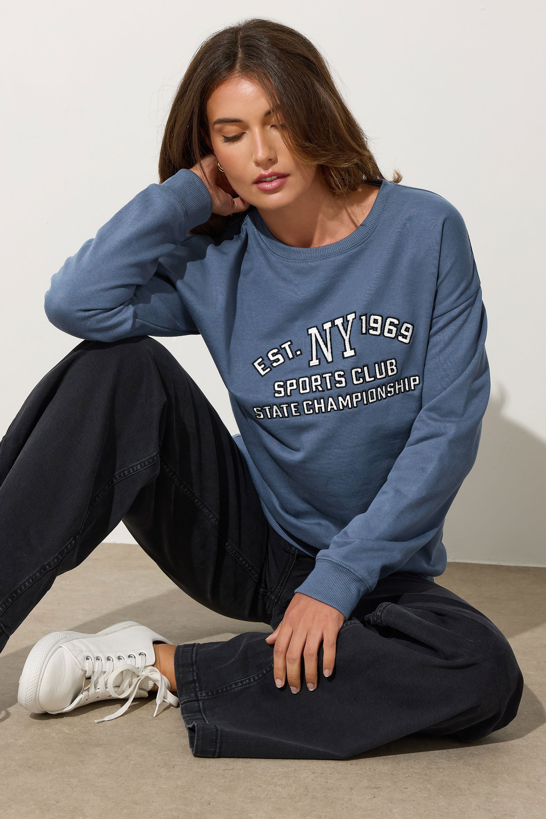 LTS Tall Blue 'NY 1969' Slogan Sweatshirt | Long Tall Sally 1