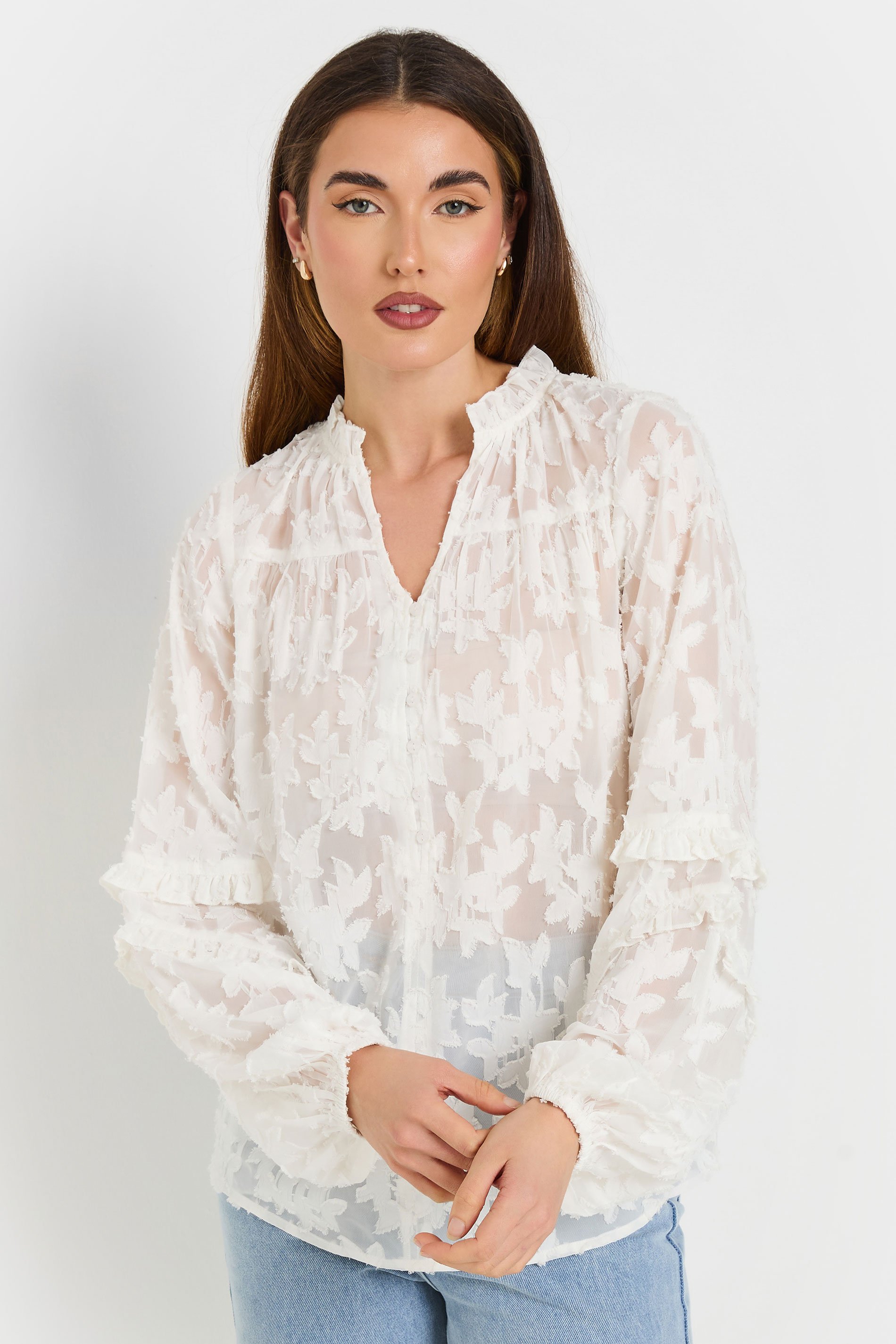 LTS Tall Ivory White Jacquard Floral Blouse | Long Tall Sally 1