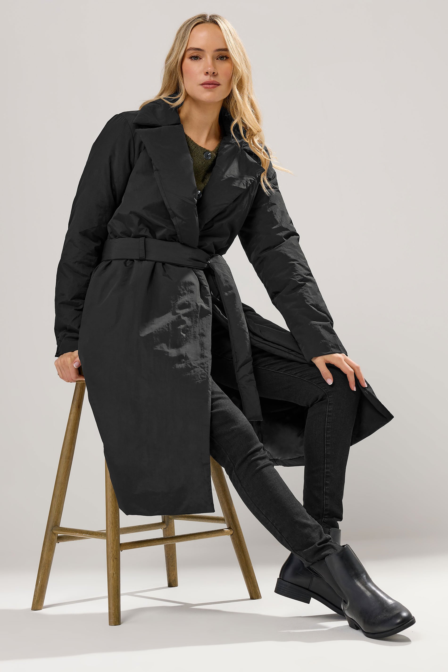 LTS Tall Black Belted Padded Midi Coat | Long Tall Sally 2