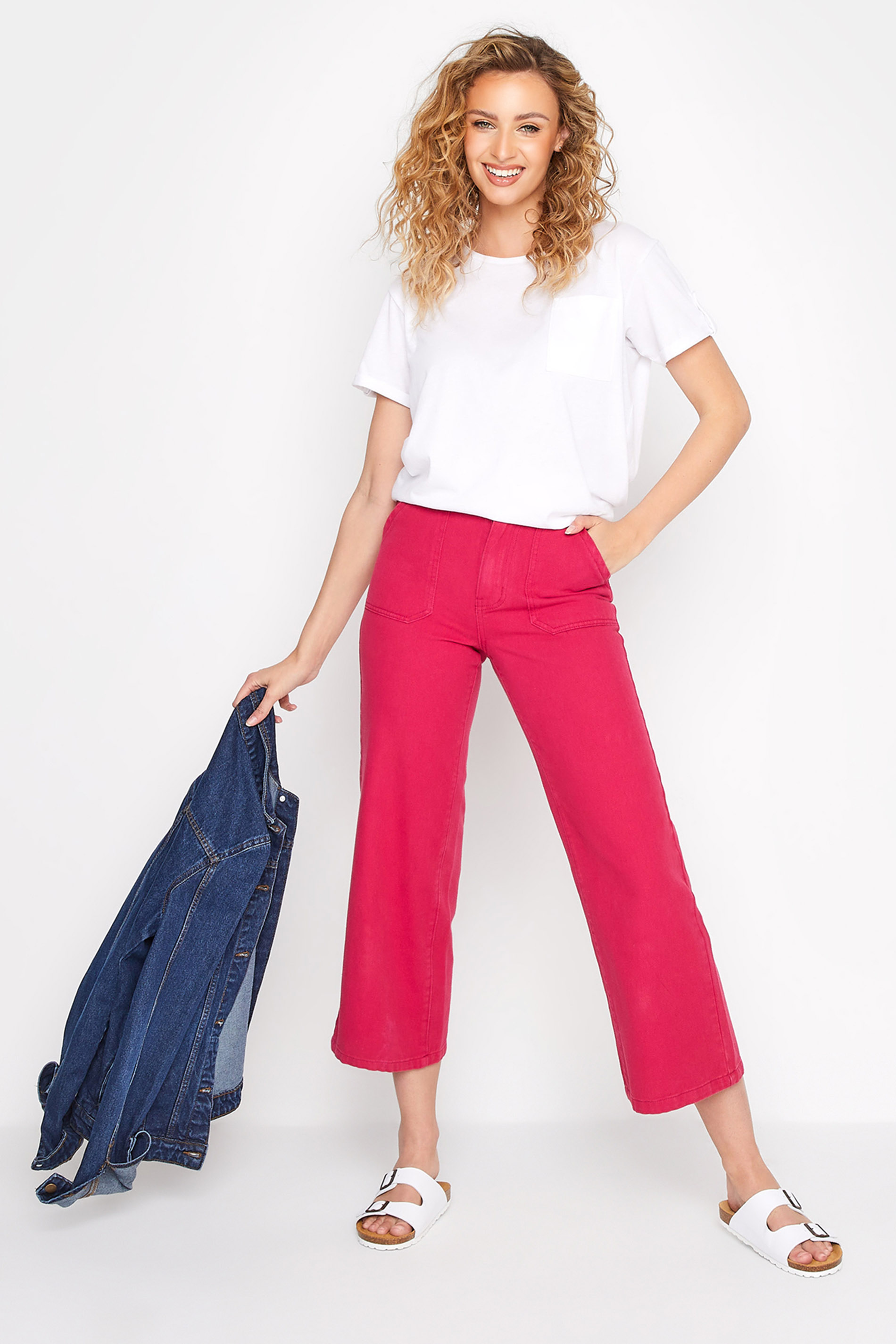 LTS Tall Women's Bright Pink Cotton Twill Wide Leg Cropped Trousers | Long Tall Sally 2