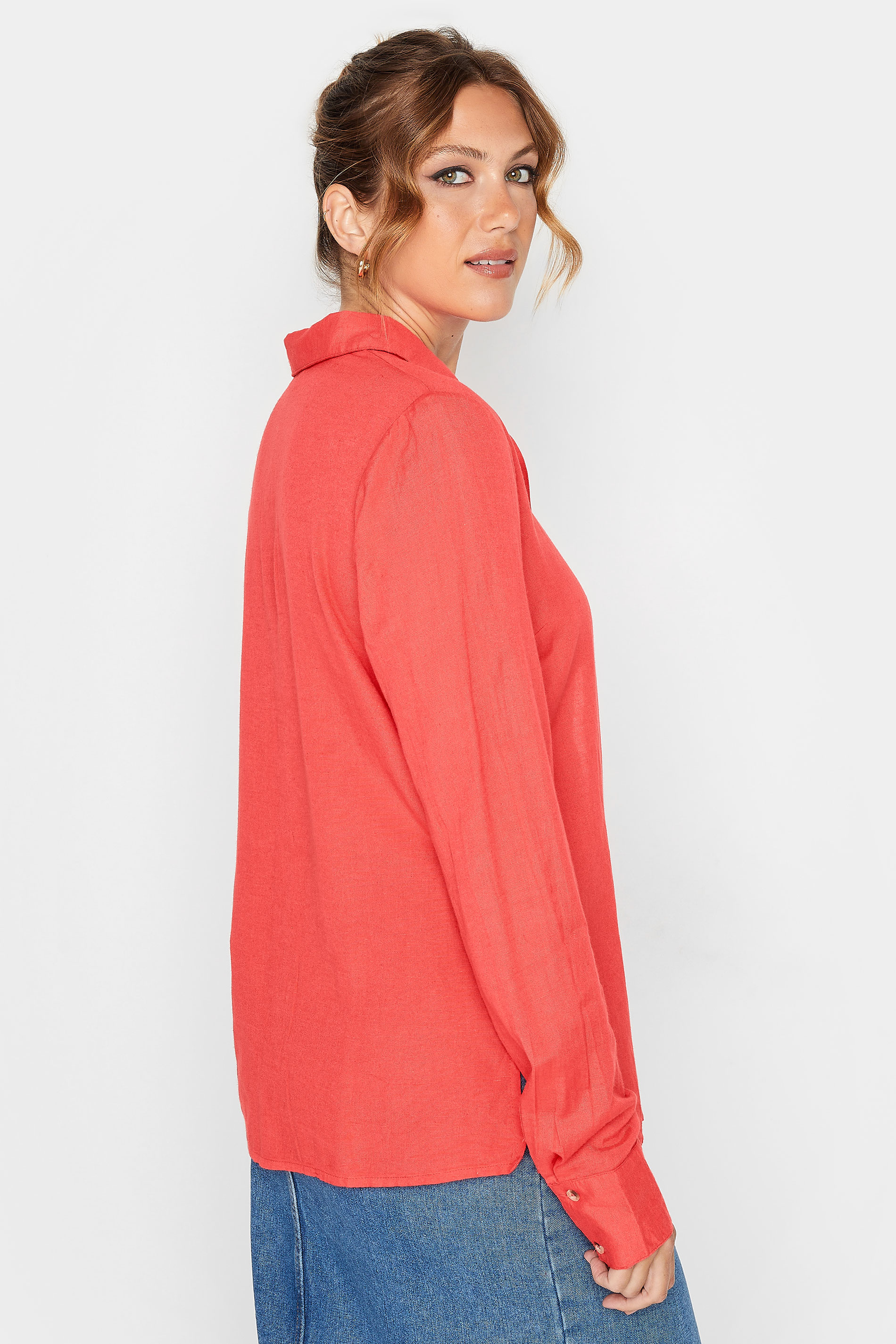 LTS Tall Coral Orange Long Sleeve Linen Blend Shirt | Long Tall Sally 3