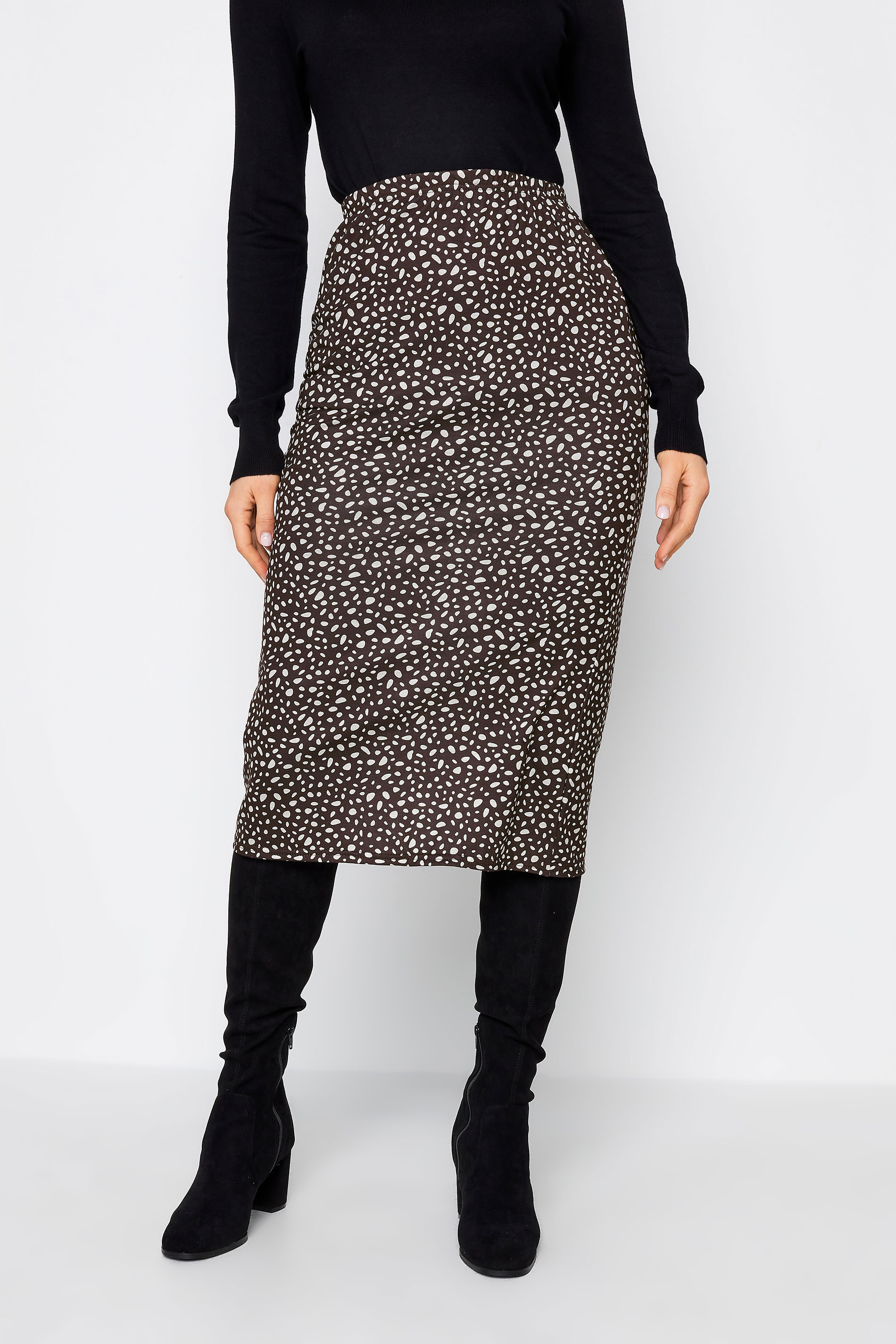 LTS Tall Chocolate Brown Spot Print Midi Skirt | Long Tall Sally  2