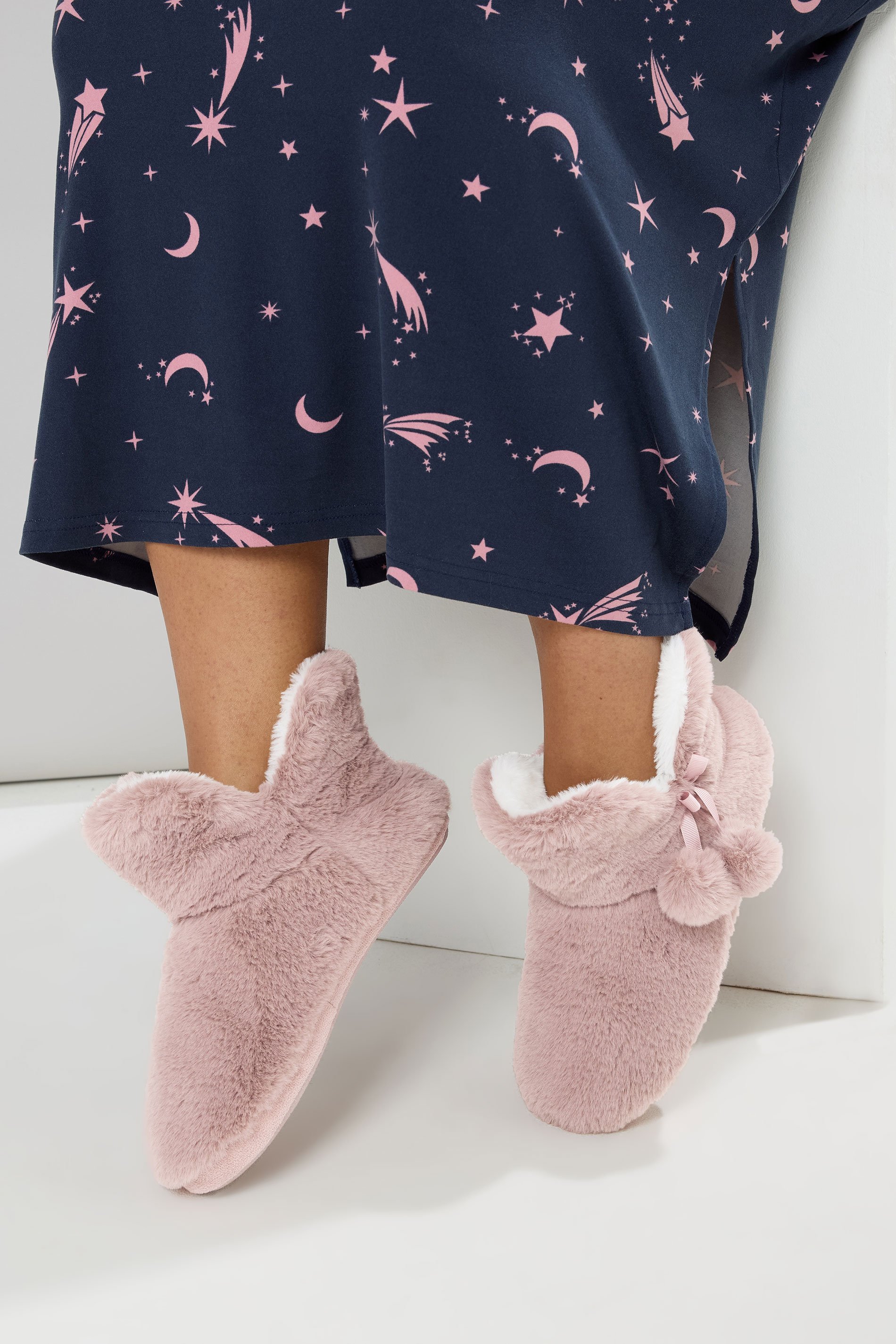 Pink Pom Pom Faux Fur Boot Slippers | Yours Clothing 1