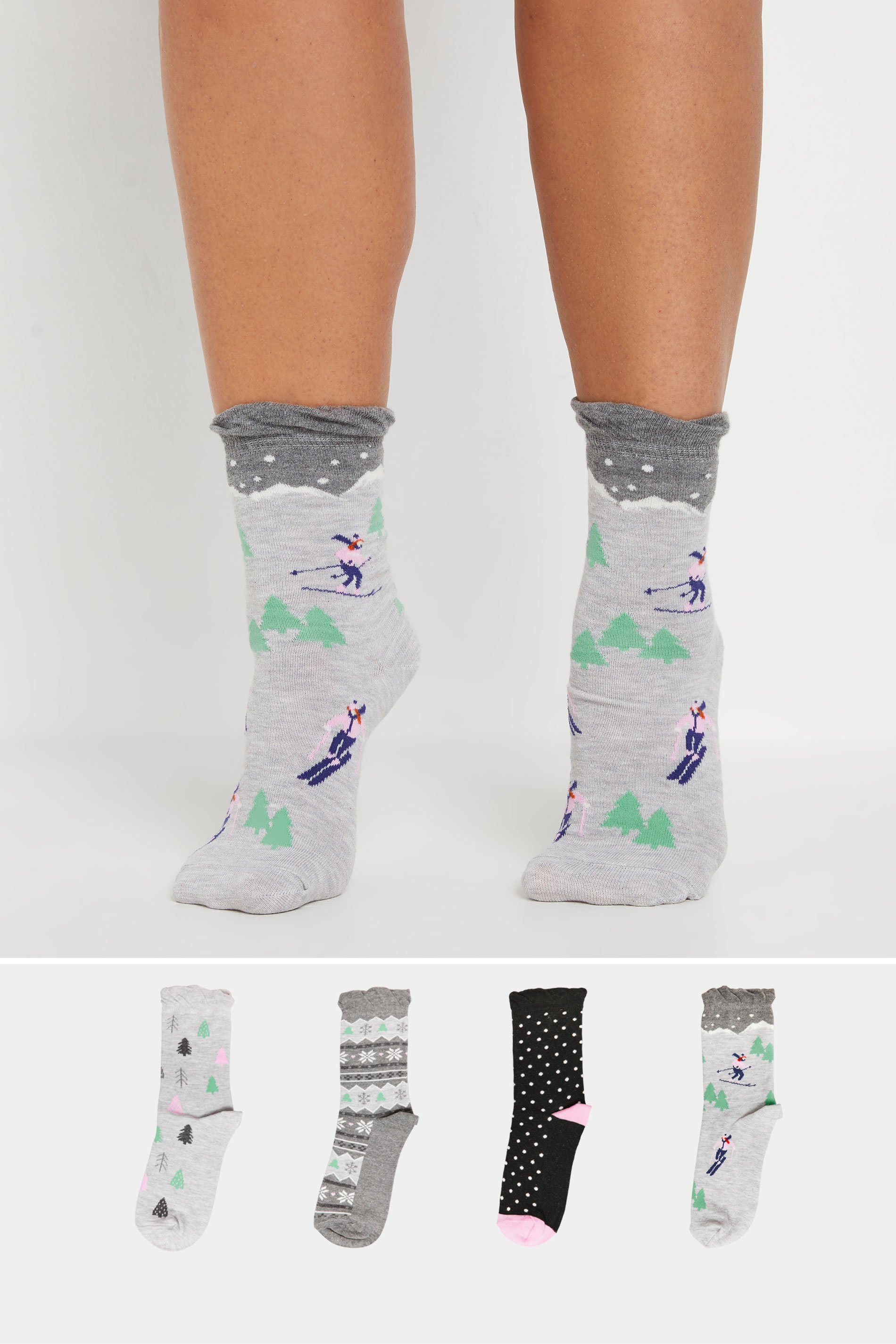 YOURS 4 PACK Plus Size Grey & Black Skier Print Ankle Socks | Yours Clothing  1