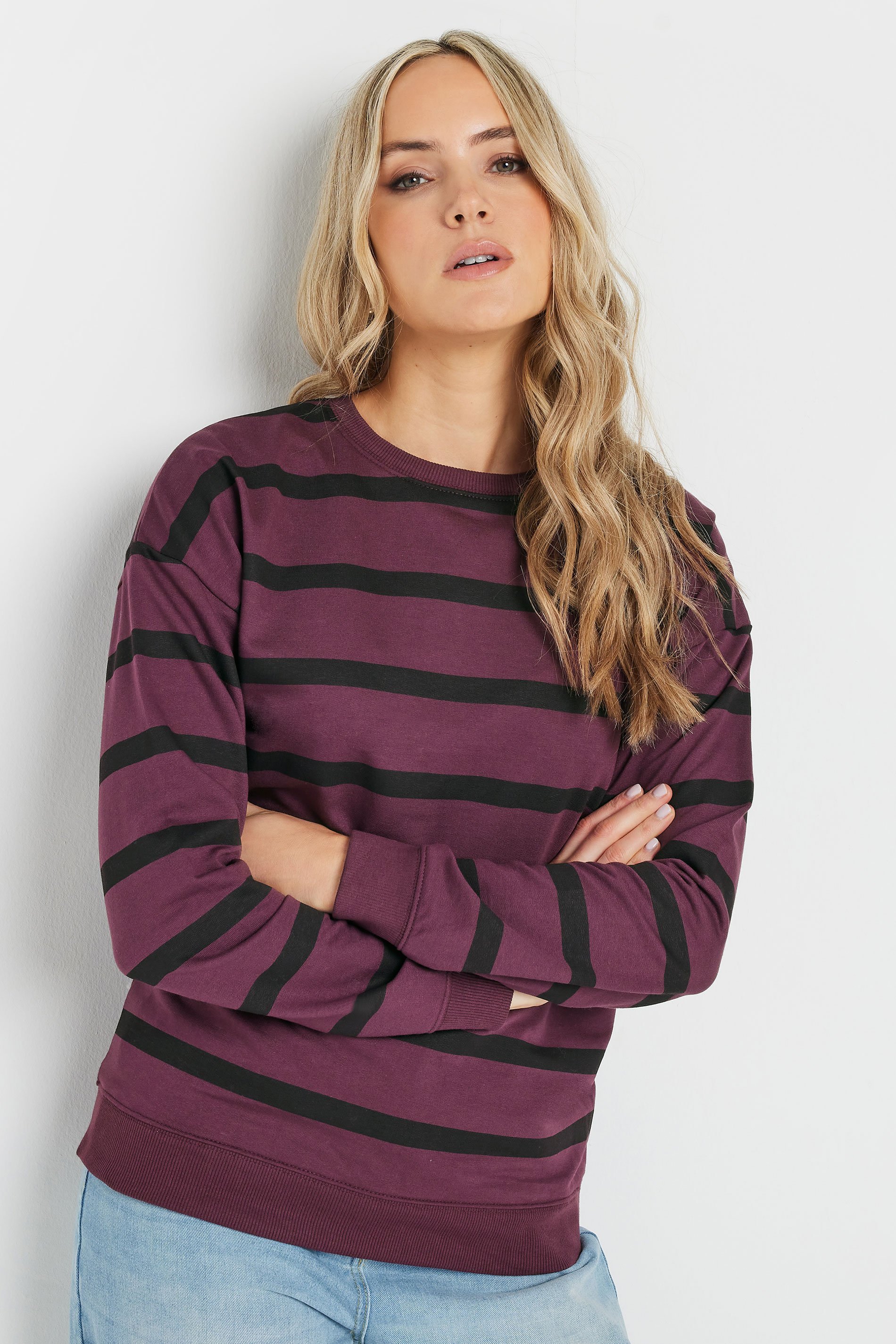 LTS Tall Burgundy Red Stripe Print Crew Neck Sweatshirt | Long Tall Sally 1