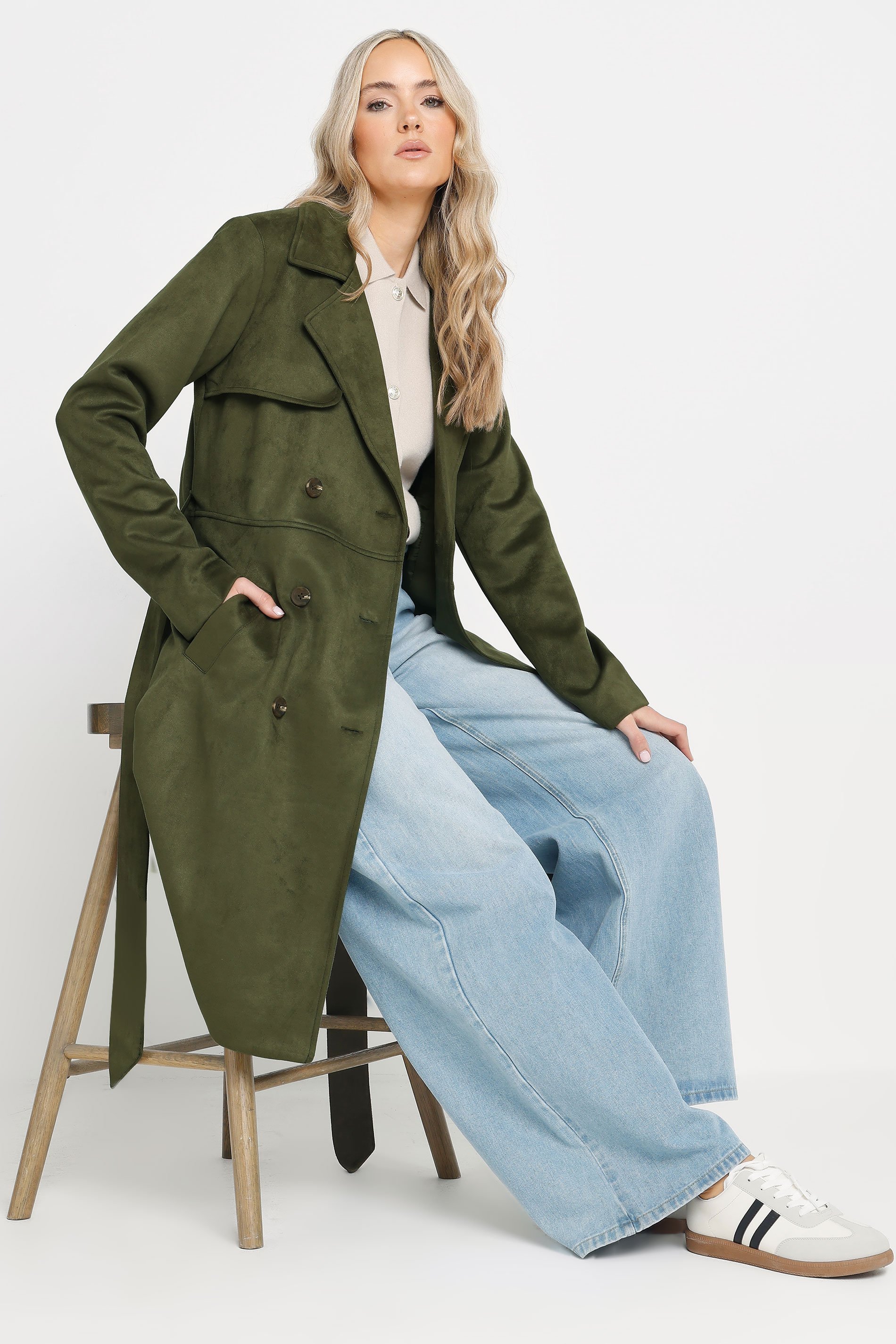 LTS Tall Khaki Green Faux Suede Midi Trench Coat | Long Tall Sally 3