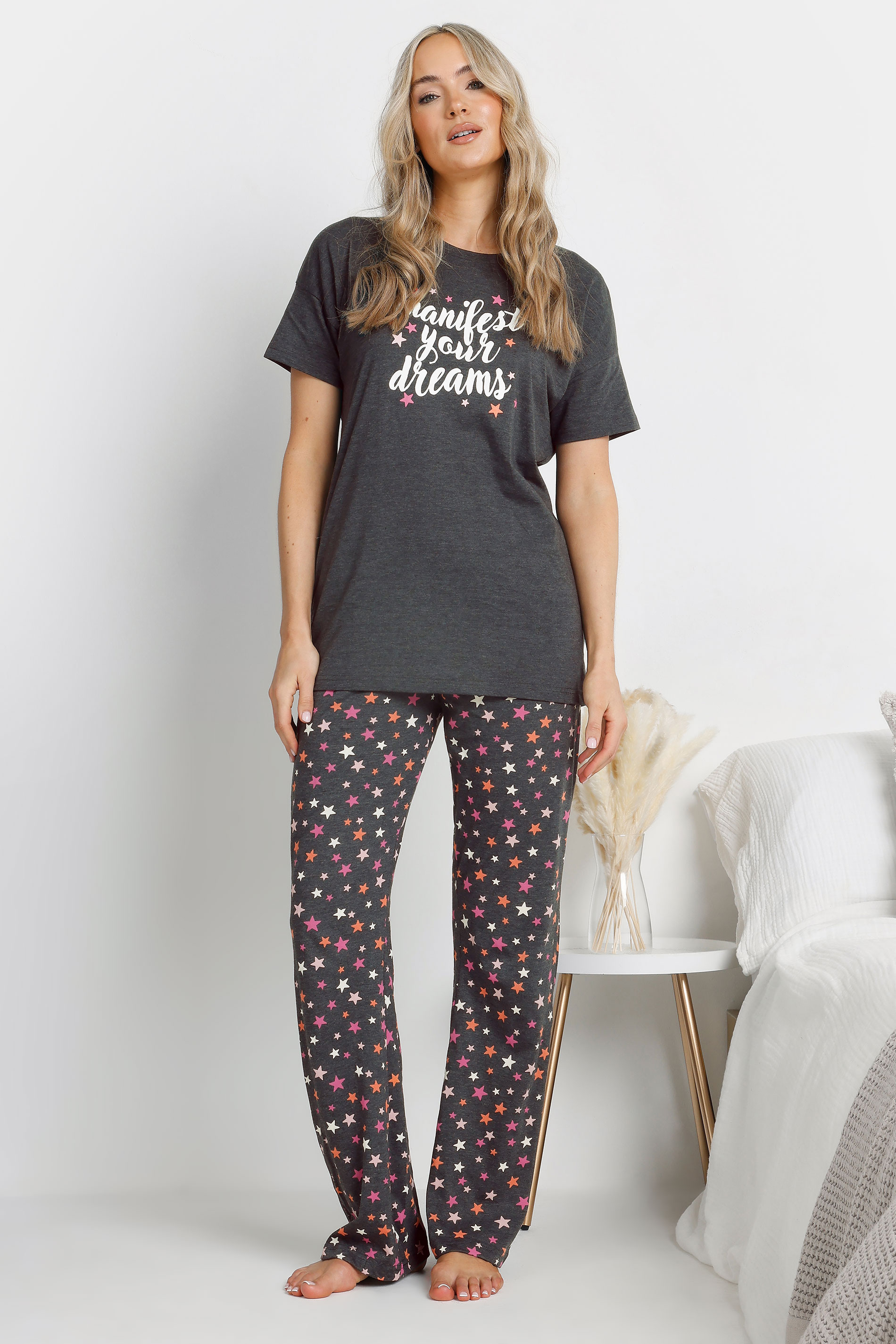 LTS Tall Grey 'Manifest Your Dreams' Star Slogan Pyjama Set | Long Tall Sally 1
