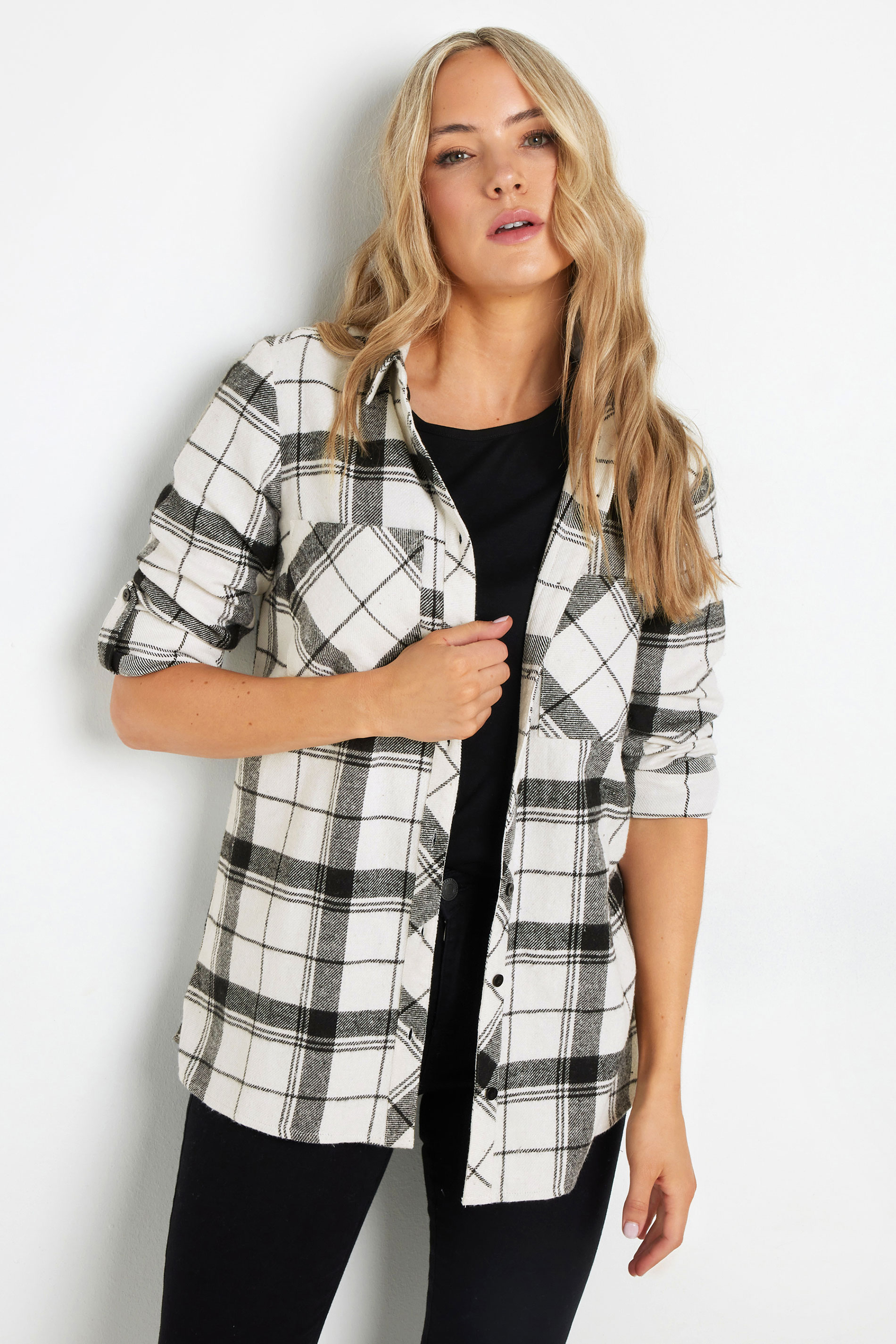 LTS Tall Ivory White Check Rolled Sleeve Shirt | Long Tall Sally 1