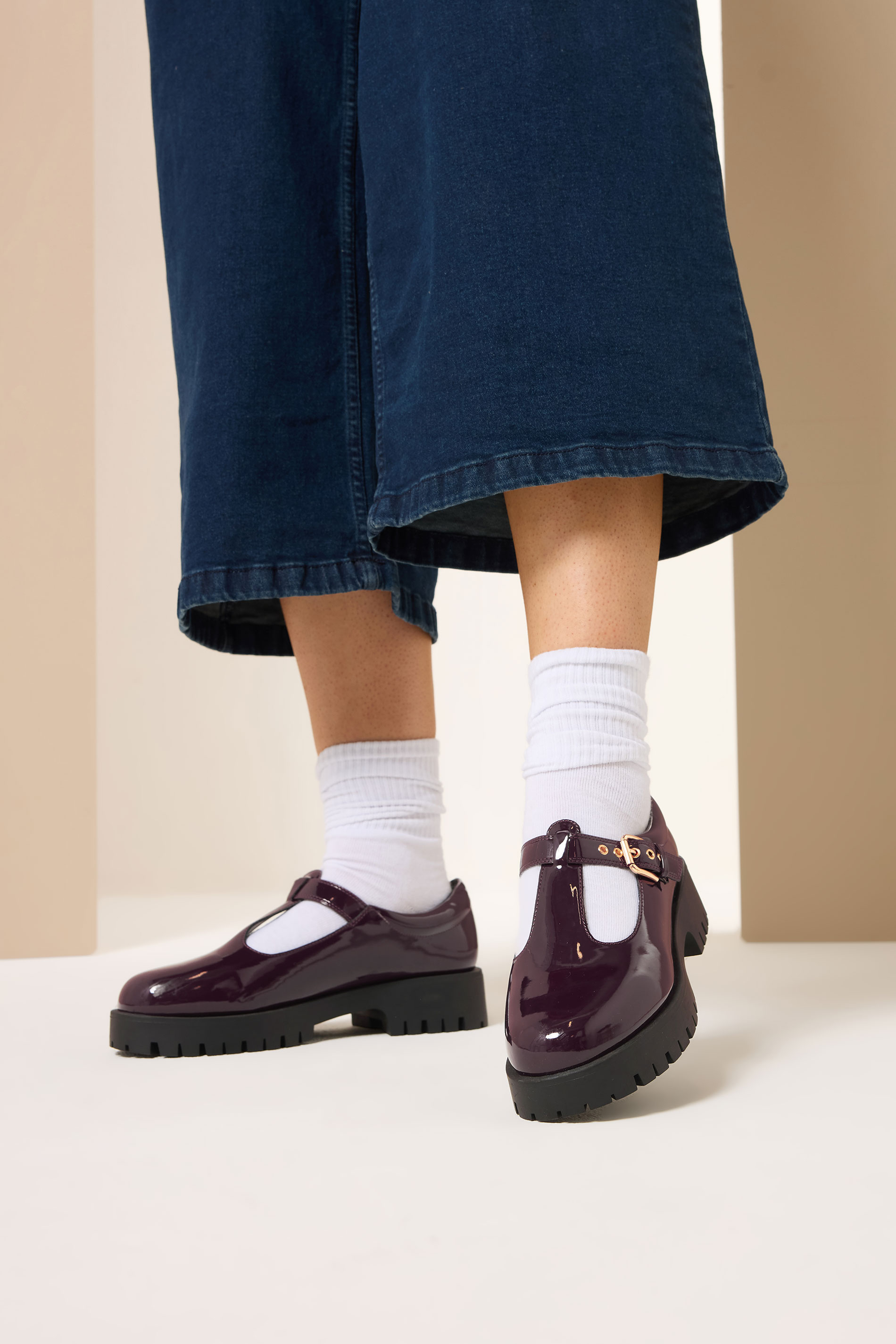 Burgundy Red Patent Chunky T-Bar Mary Janes In Extra Wide EEE Fit | Yours Clothing 2