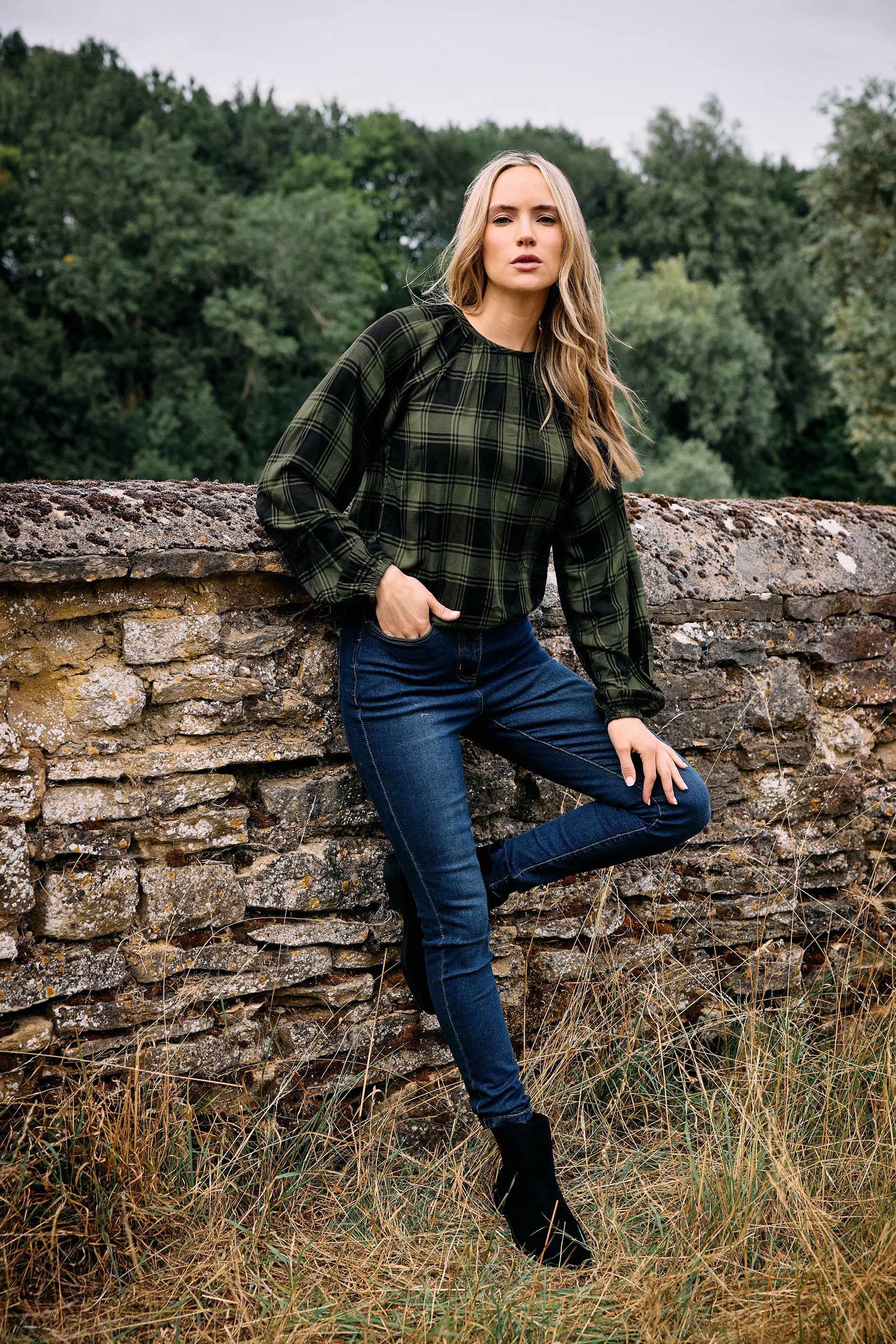 LTS Tall Khaki Green Check Balloon Sleeve Blouse | Long Tall Sally 1