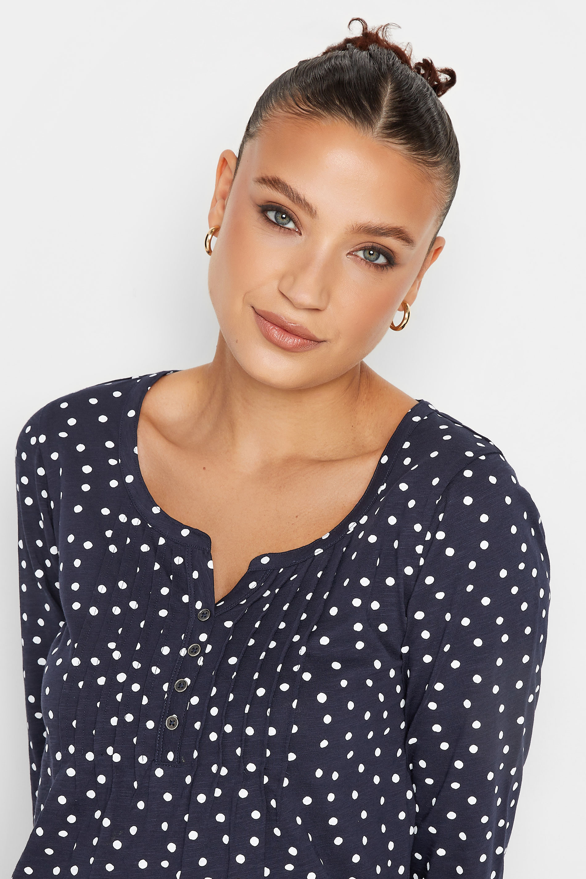 LTS Tall Women's Navy Blue Polka Dot Print Henley Top | Long Tall Sally 4