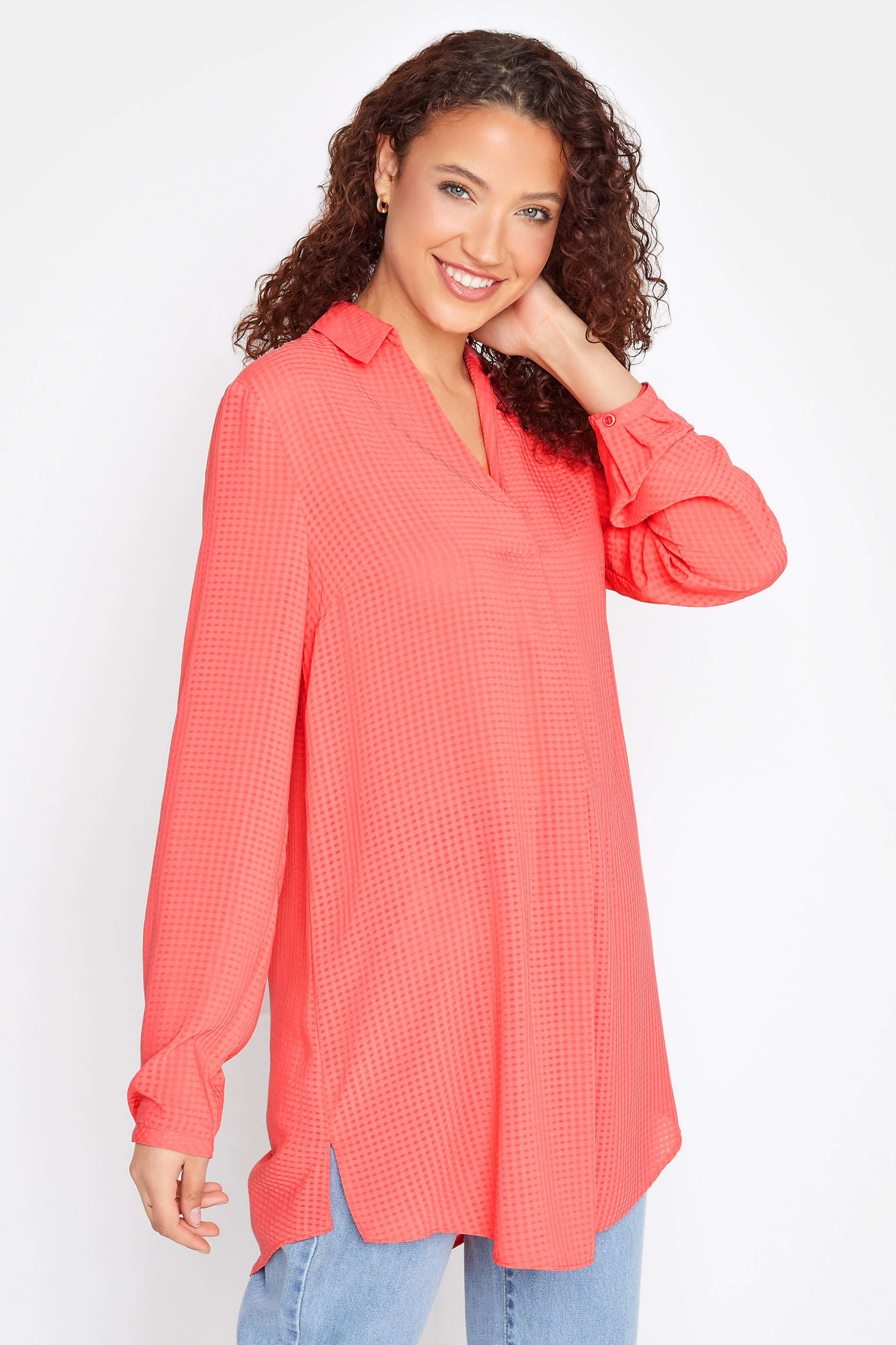 LTS Tall Women's Coral Orange Gingham Overhead Shirt | Long Tall Sally  1