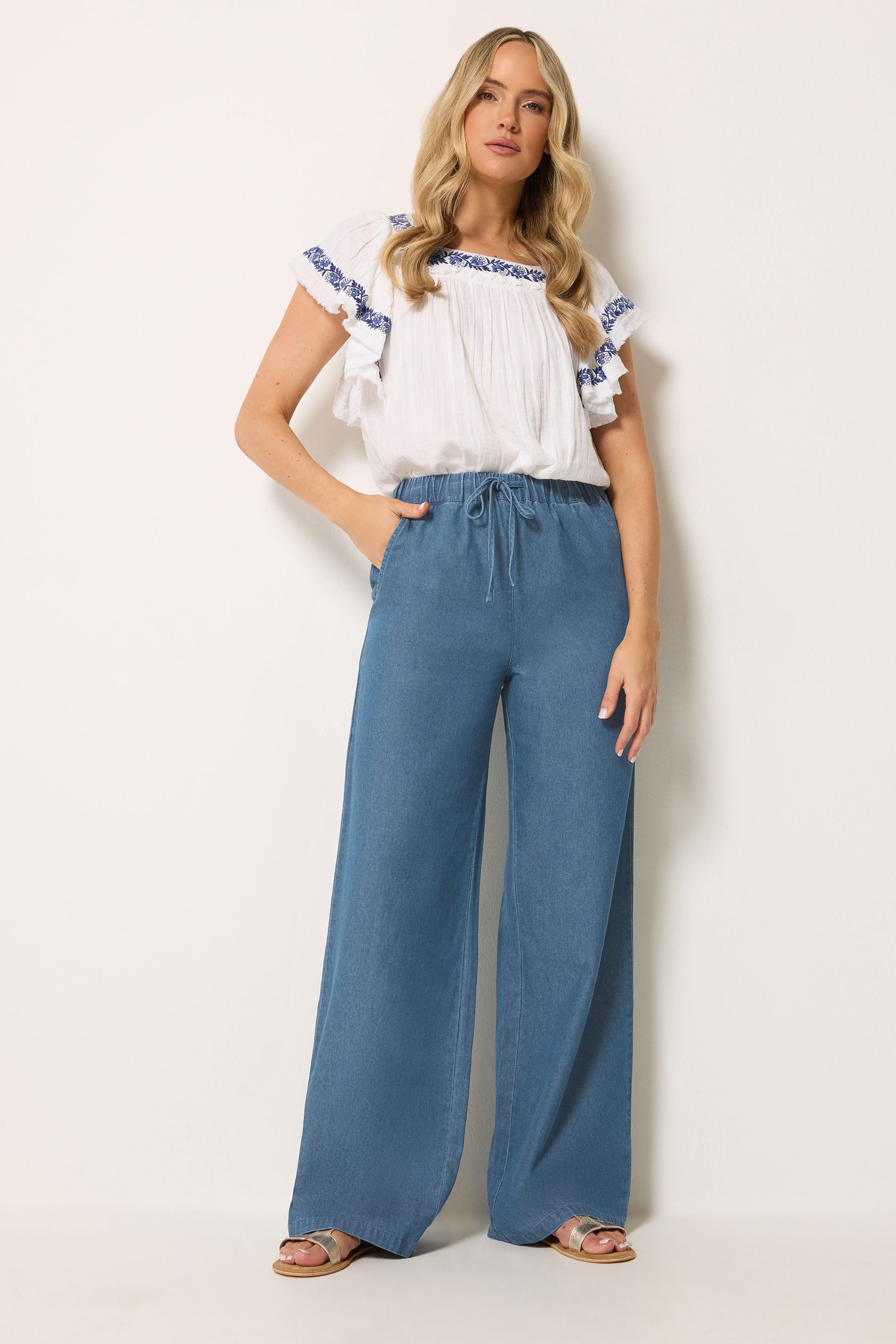 LTS Tall Women's Blue Washed Pull On Wide Leg Jeans | Long Tall Sally 3