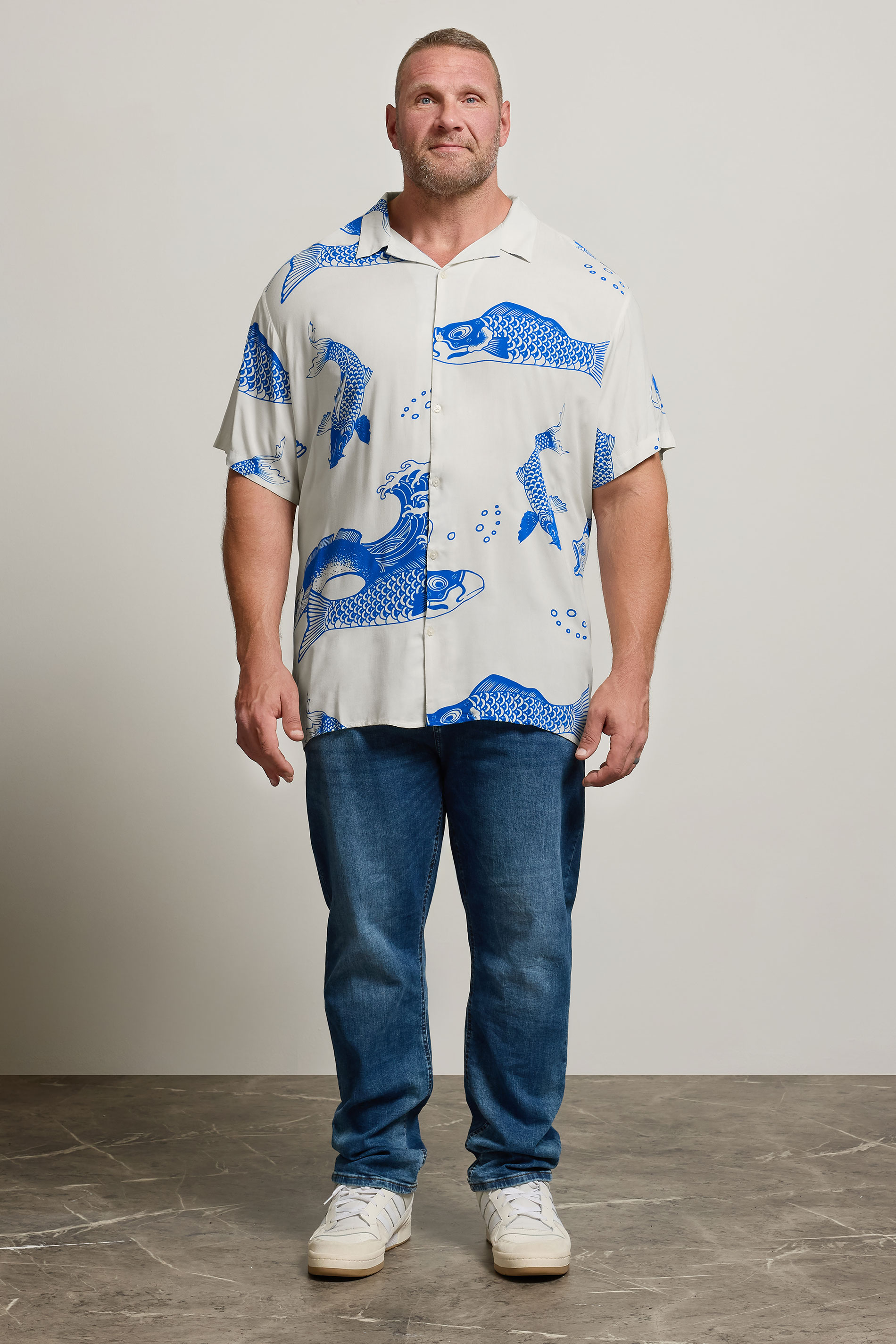 JACK & JONES Big & Tall White & Blue Koi Print Resort Shirt | BadRhino 2