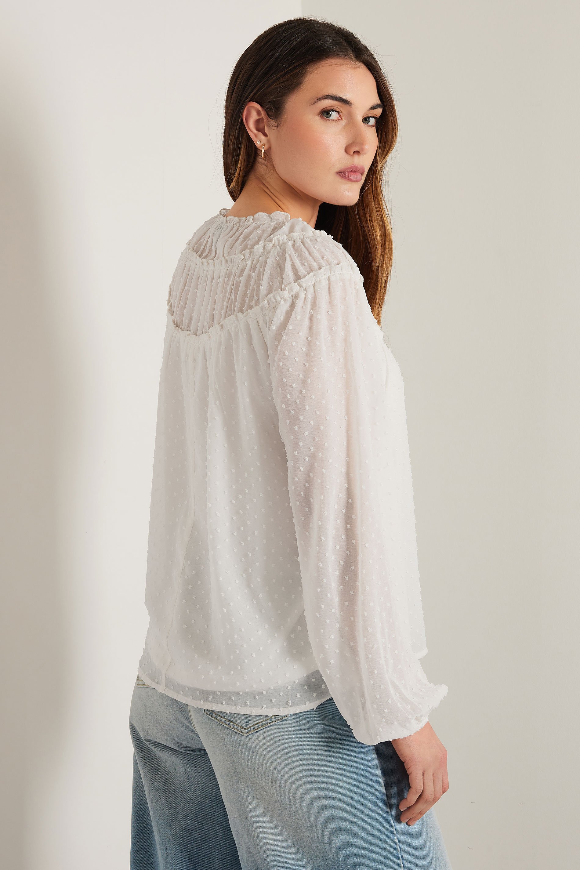 LTS Tall Ivory White Sheer Dobby Tie Neck Blouse | Long Tall Sally 5