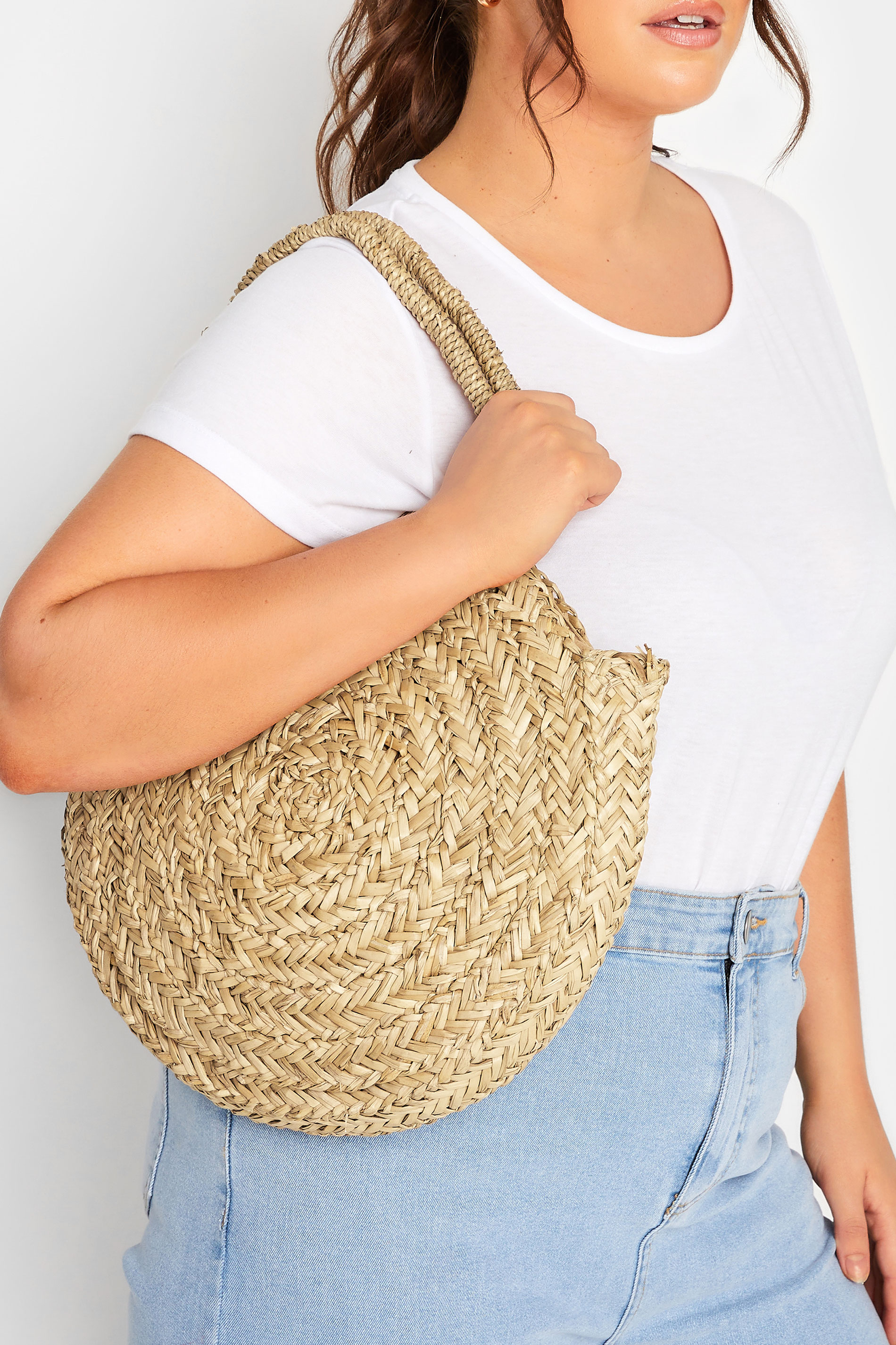 Natural Brown Round Straw Shoulder Bag | Yours Clothing 1