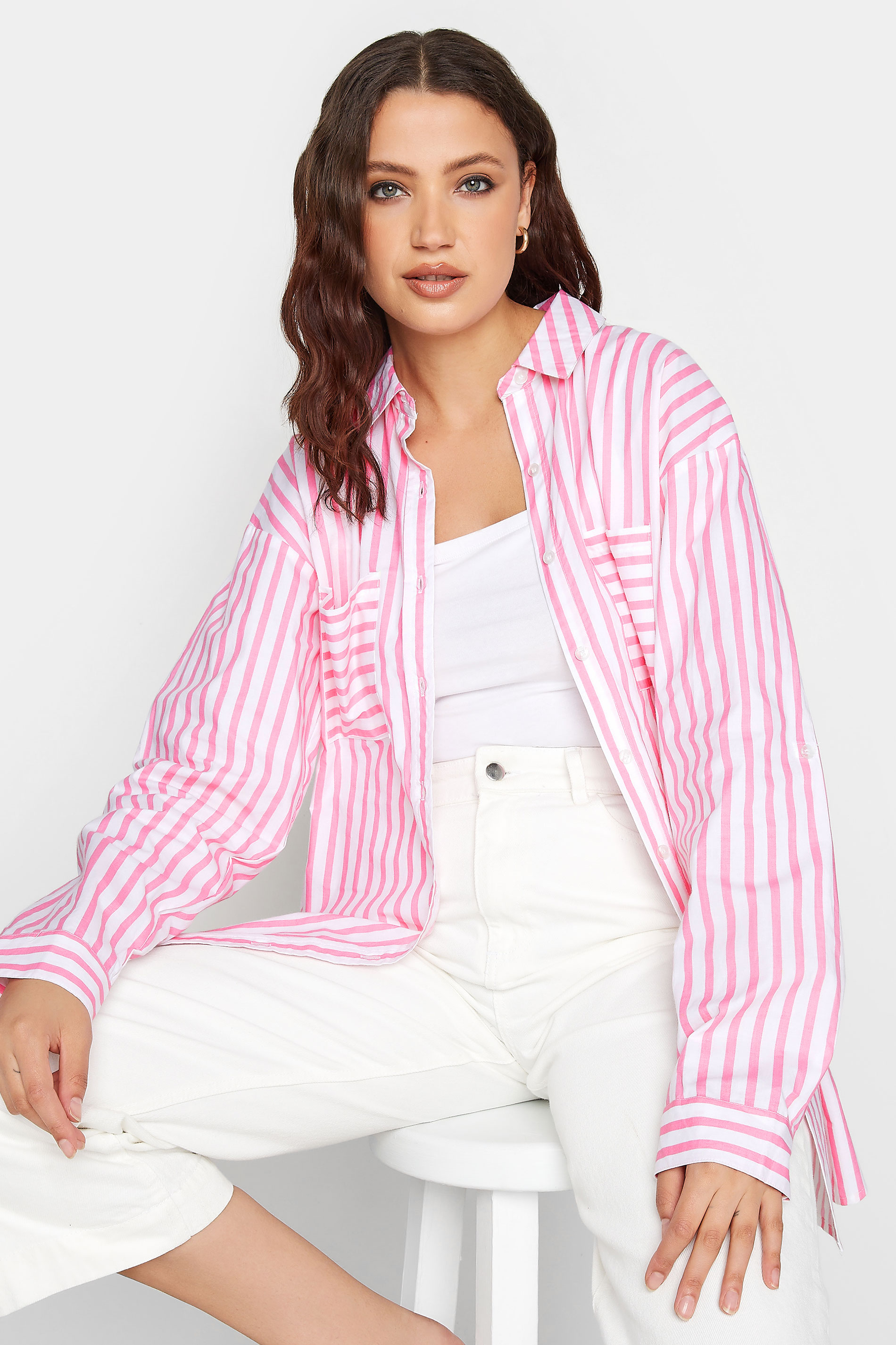 LTS Tall Women's Pink Stripe Oversized Cotton Shirt | Long Tall Sally 1