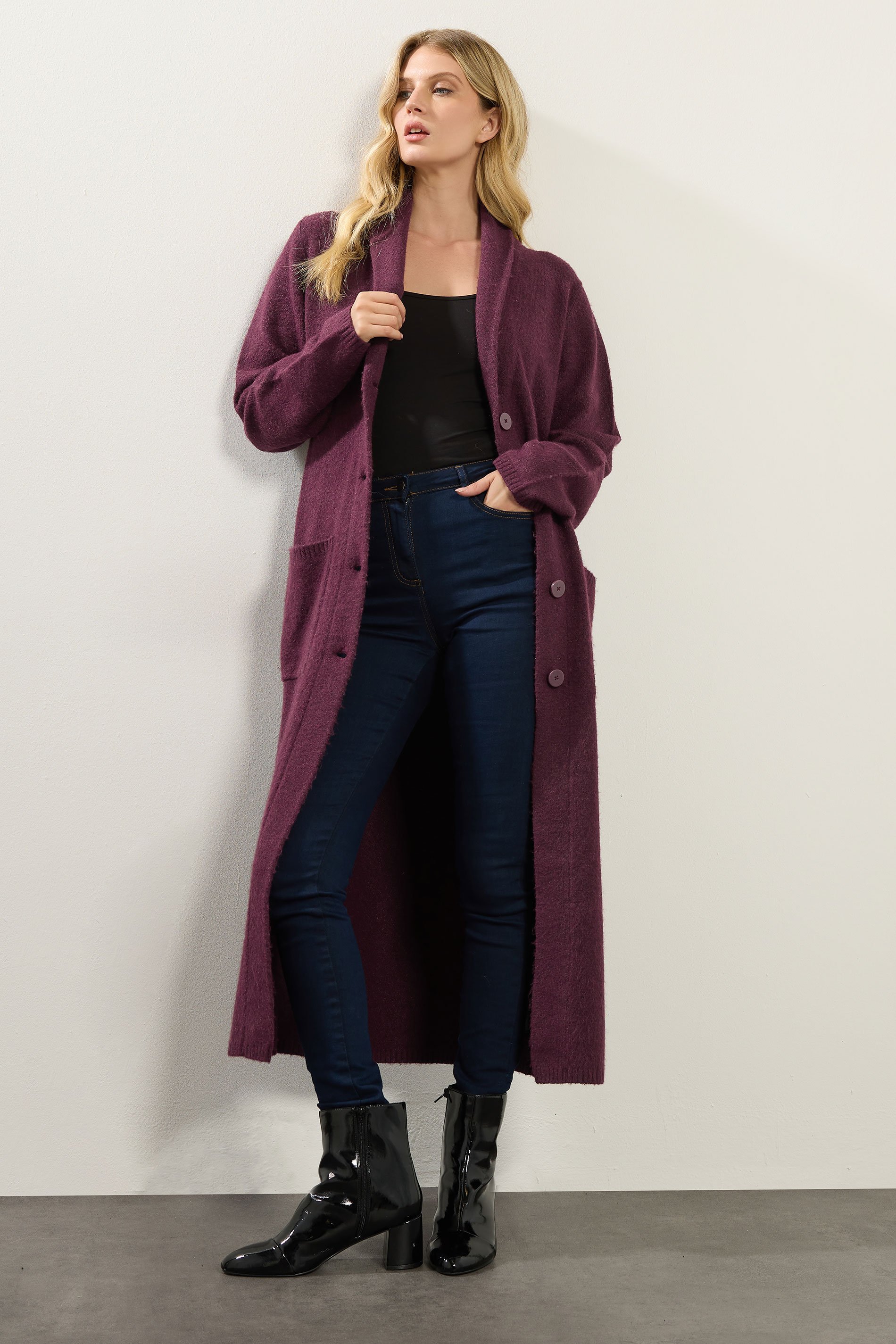 LTS Tall Burgundy Red Knitted Longline Coatigan | Long Tall Sally 1