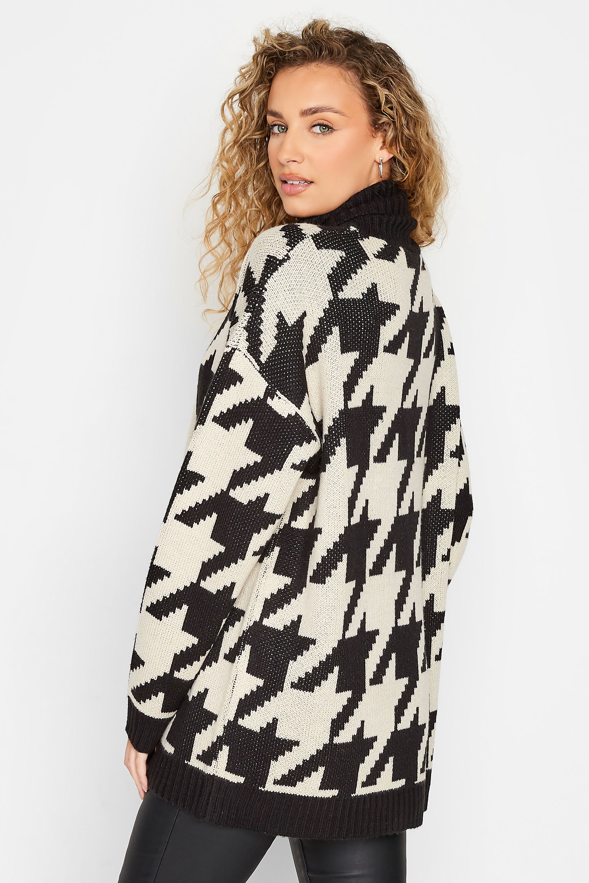 LTS Tall Women's Black & Beige Dogtooth Check Roll Neck Jumper | Long Tall Sally 3